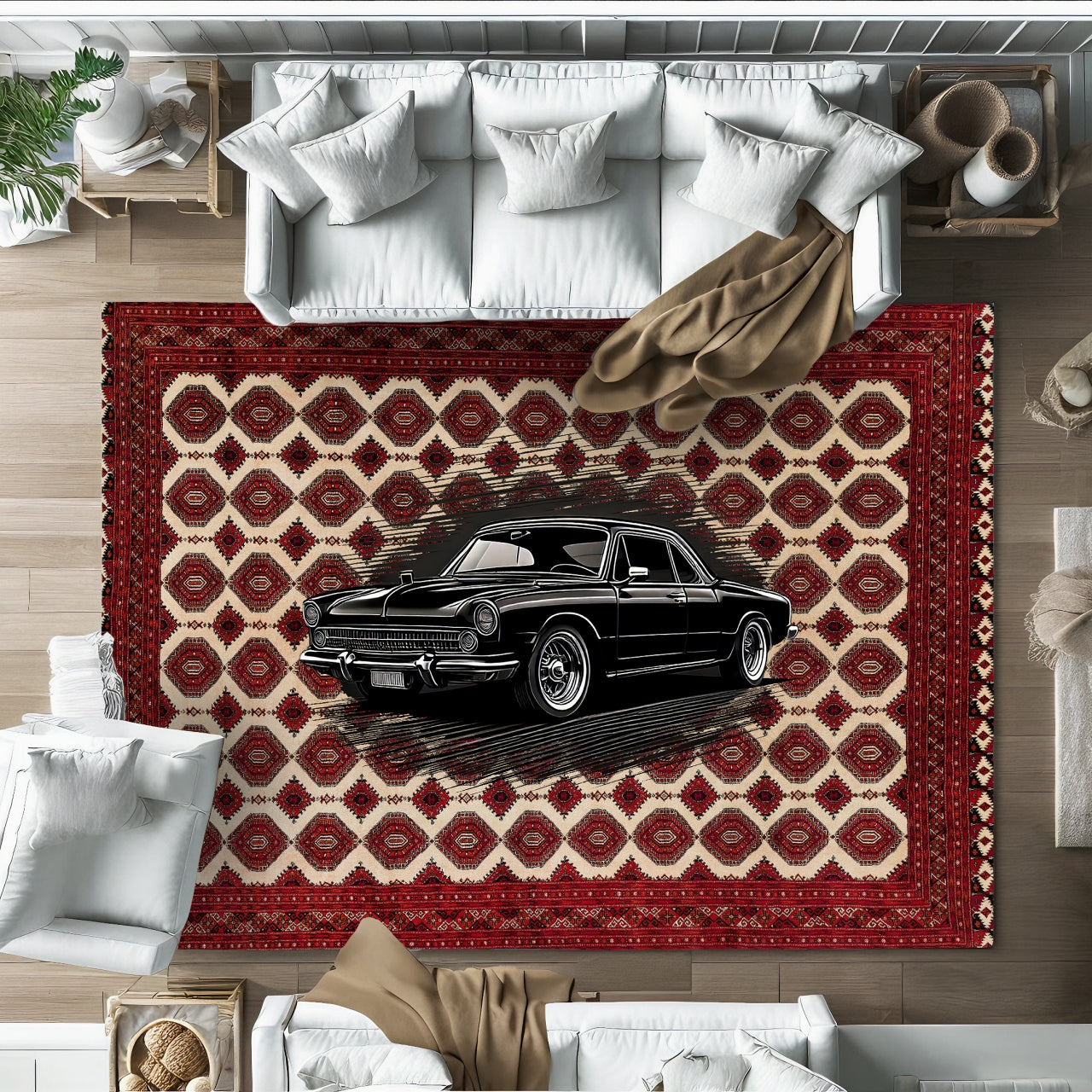 Bordo Retro Klasik Araba Desenli Halı