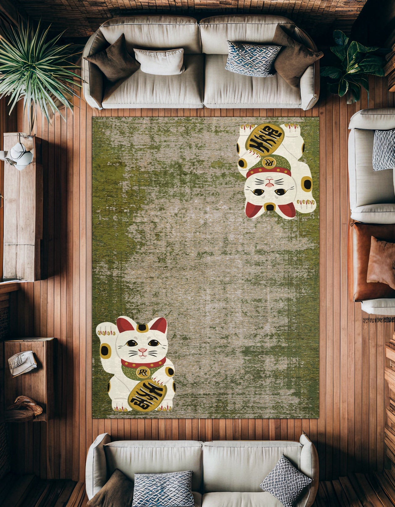 Lucky Maneki Kaymaz Tabanlı Yıkanabilir Halı