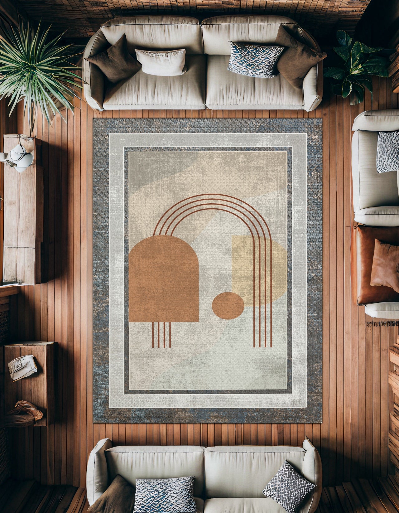 Gri Geometrik Desenli Kaymaz Tabanlı Yıkanabilir Halı