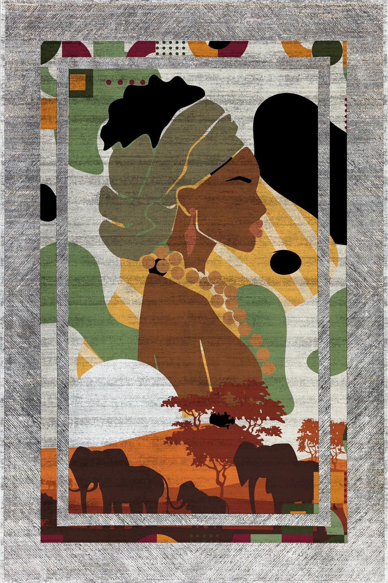 Safari ve Kadın Detaylı Kaymaz Tabanlı Yıkanabilir Halı