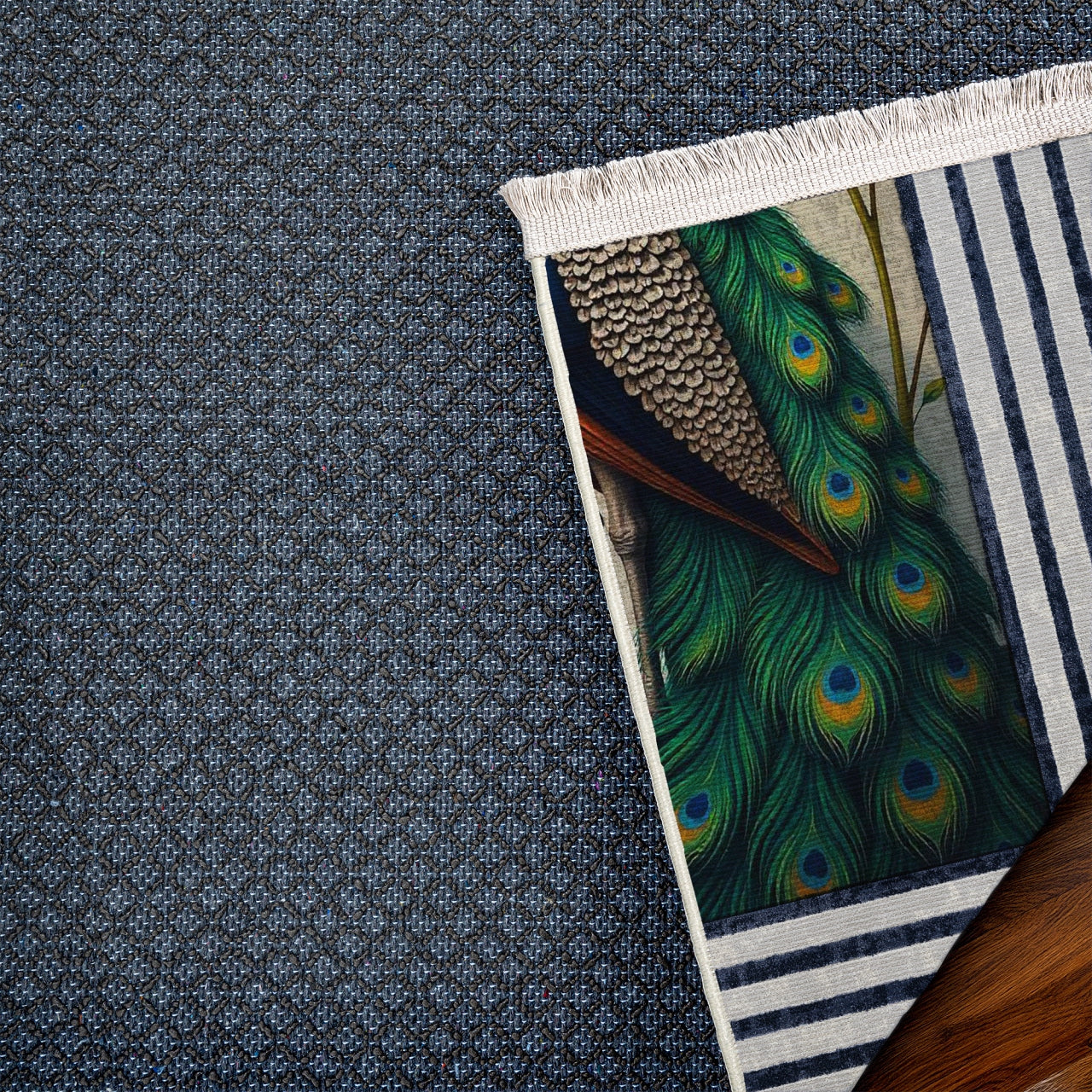 Tavus Kuşu Desenli Kaymaz Tabanlı Yıkanabilir Halı