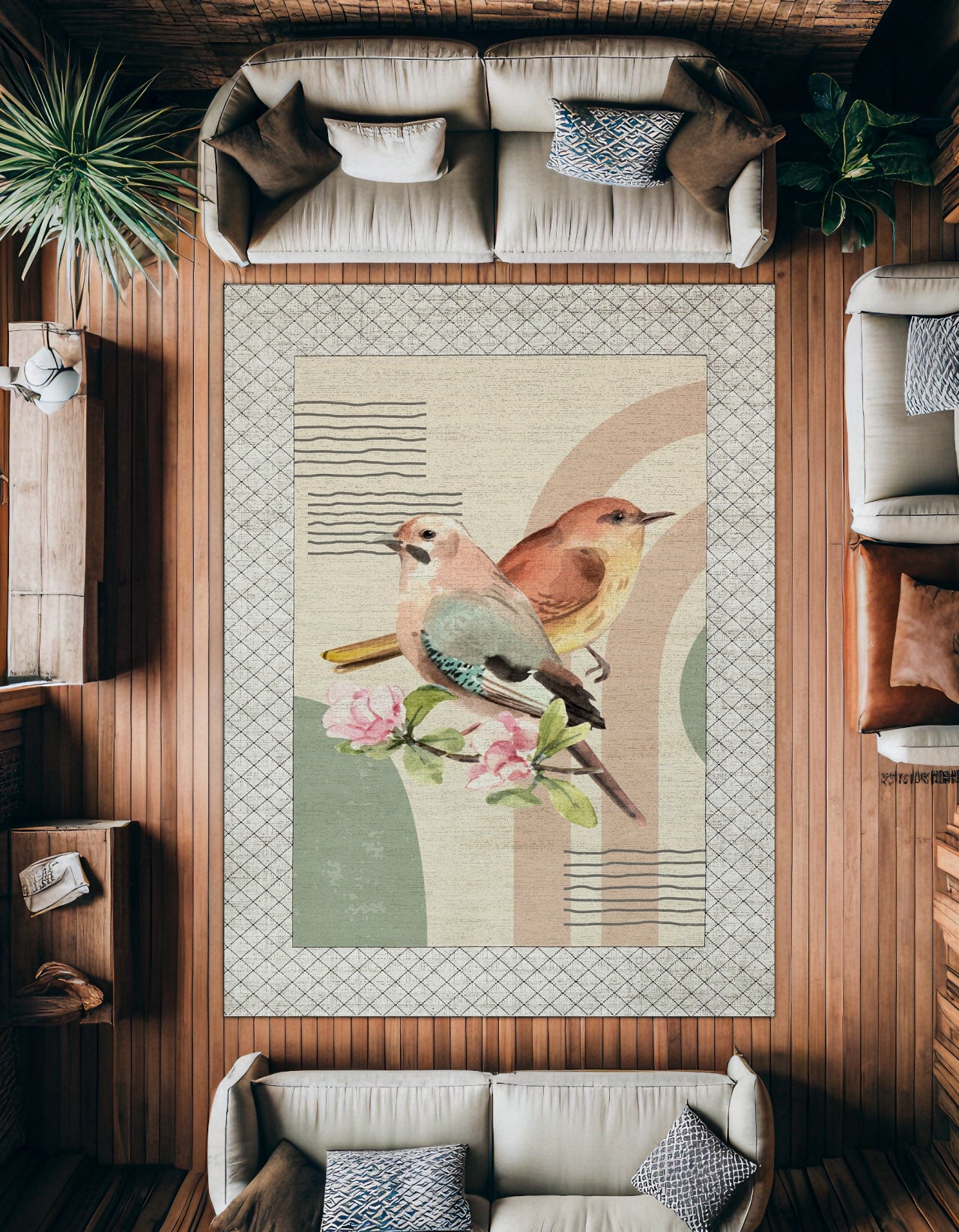 Bülbül ve Çiçek Temalı Kaymaz Tabanlı Yıkanabilir Halı