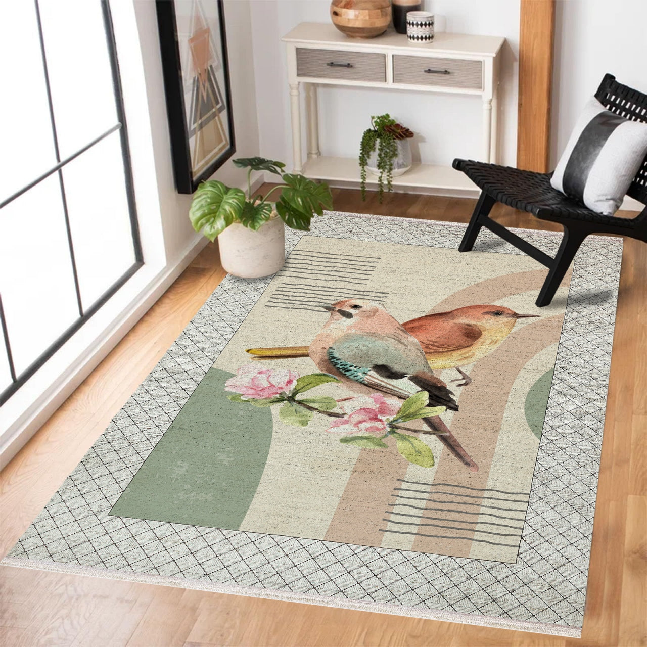 Bülbül ve Çiçek Temalı Kaymaz Tabanlı Yıkanabilir Halı