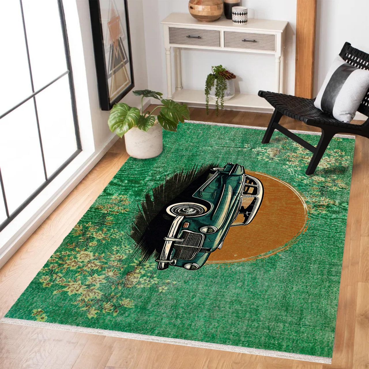 Yeşil Retro Klasik Araba Desenli Halı