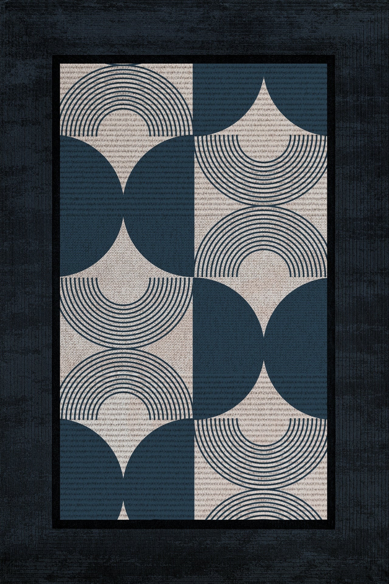 Geometrik Lacivert Çerçeveli Kaymaz Tabanlı Yıkanabilir Halı