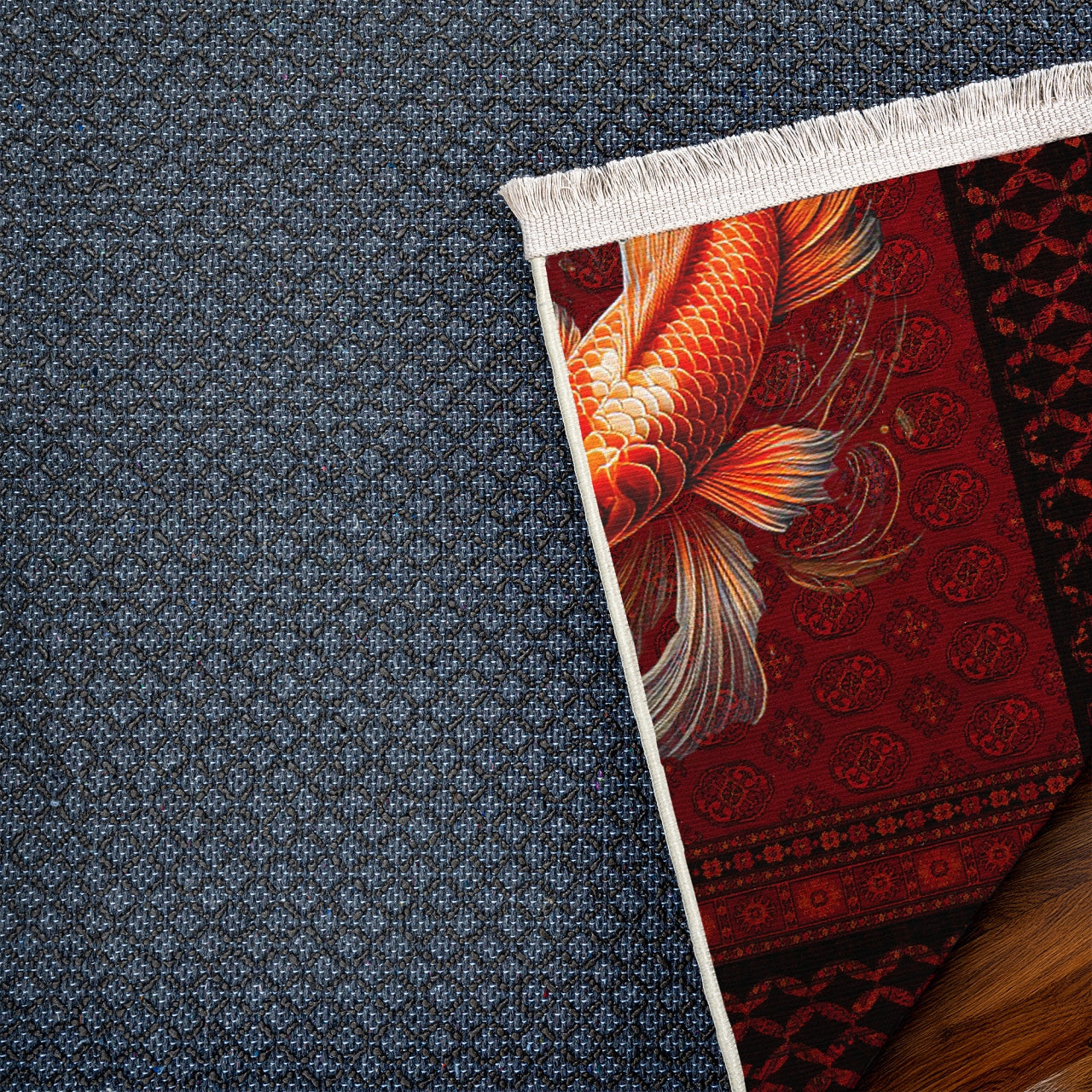 Koi Balığı Desenli Kaymaz Tabanlı Yıkanabilir Halı