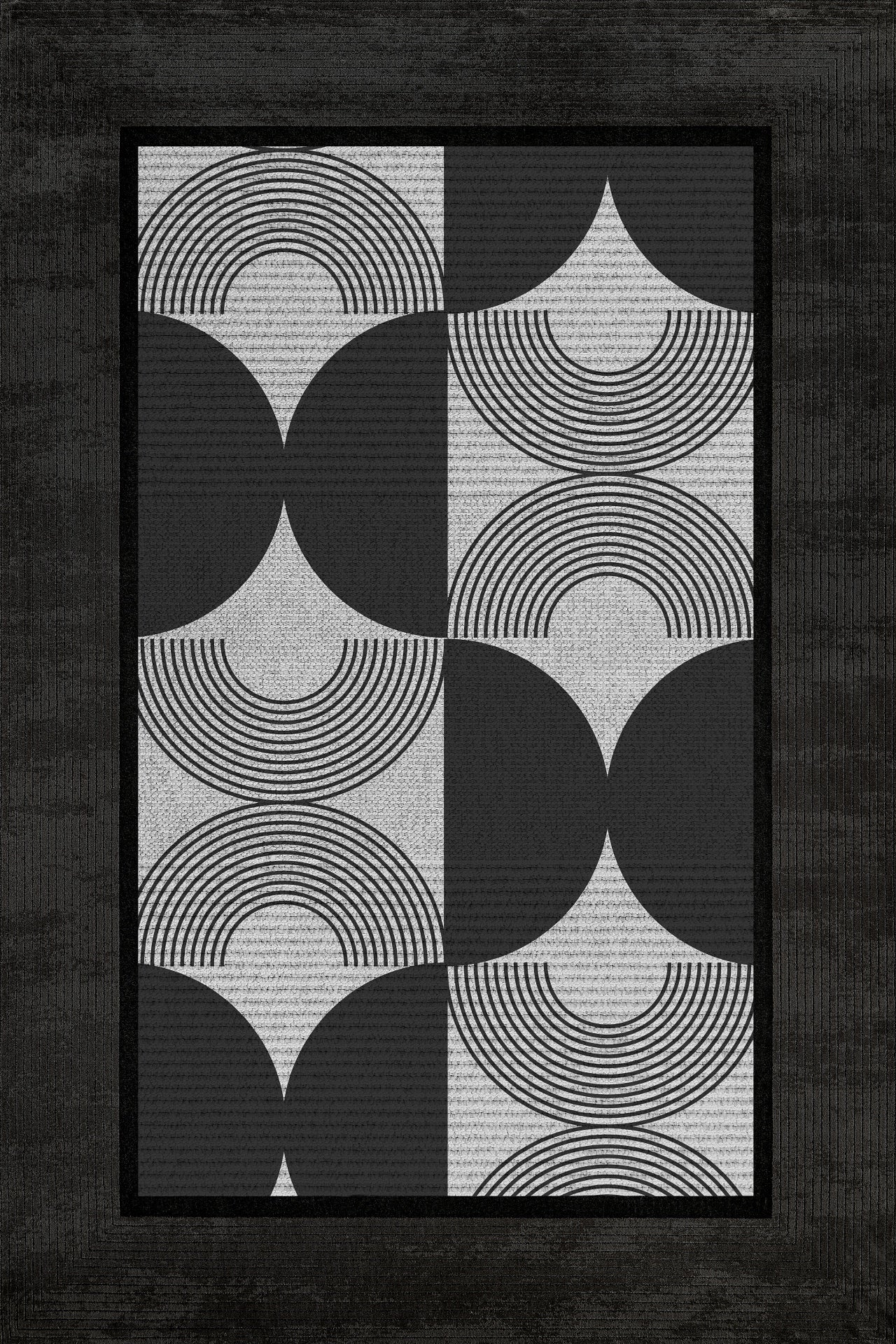 Siyah Geometrik Kaymaz Tabanlı Yıkanabilir Halı