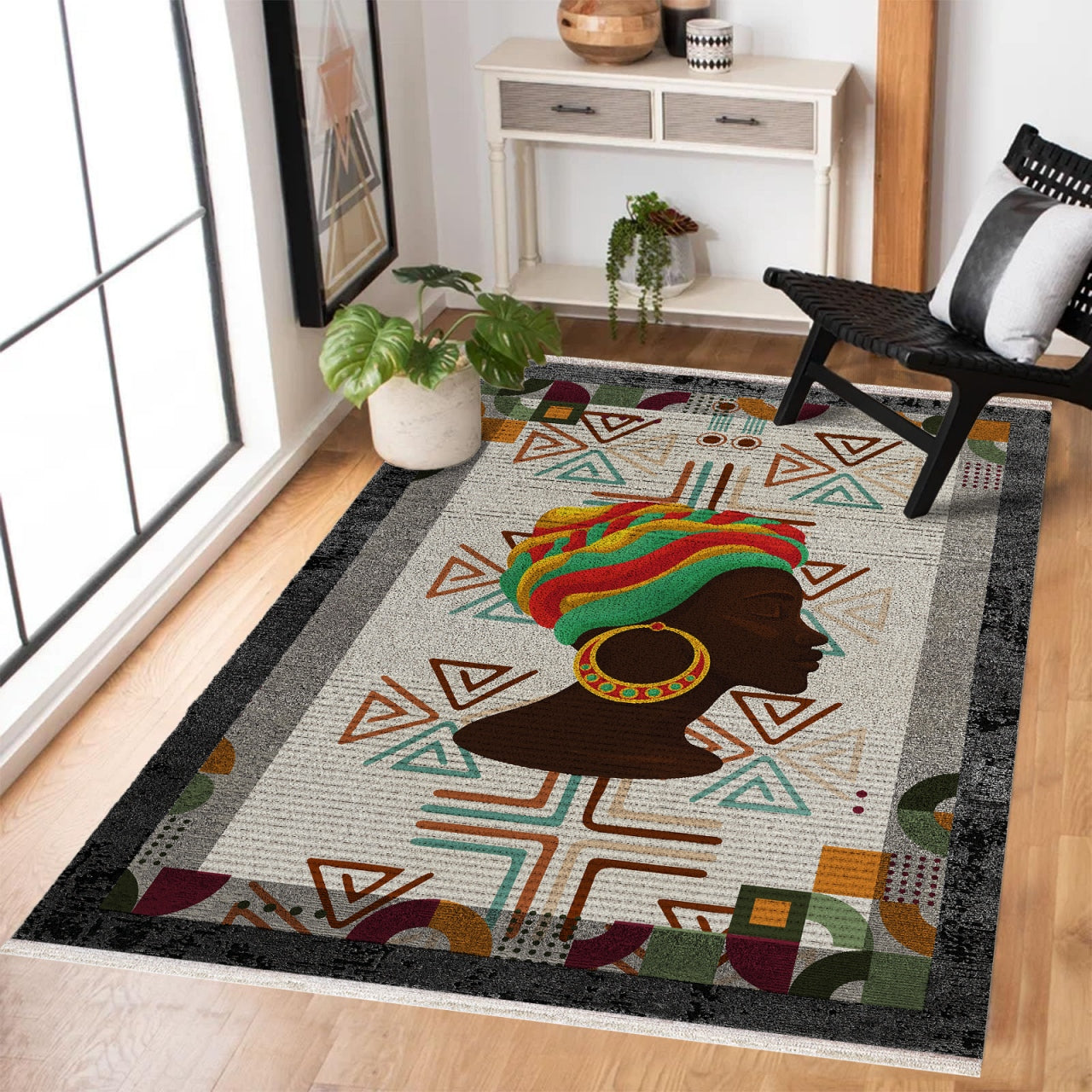 Geometrik Kadın Desenli Kaymaz Tabanlı Yıkanabilir Halı