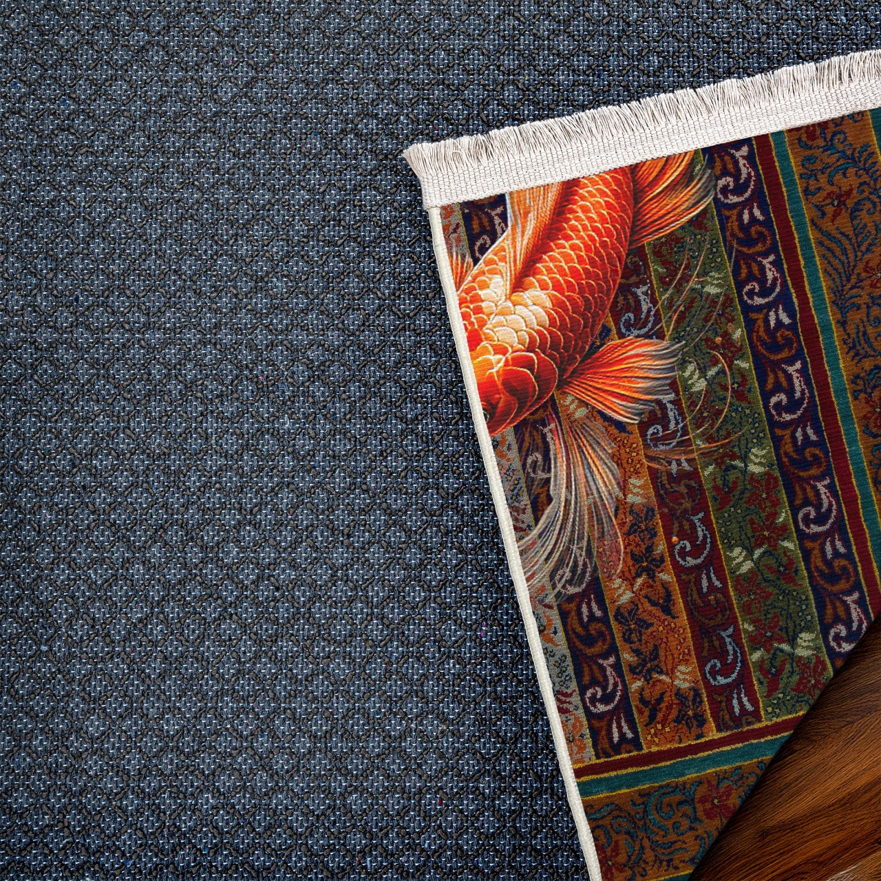 Koi Balığı Desenli Kaymaz Tabanlı Yıkanabilir Halı