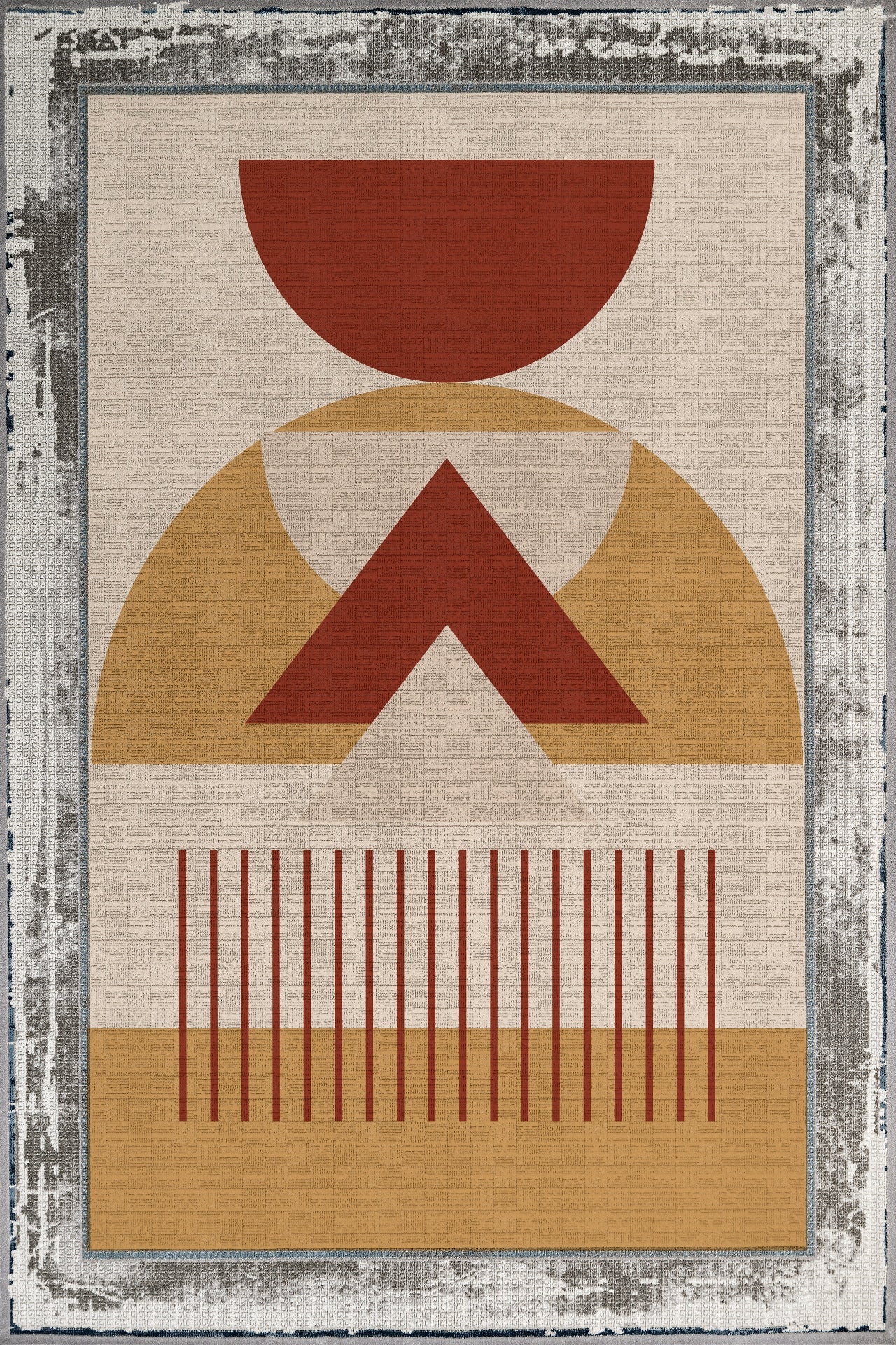 Gri Çerçeveli Geometrik Kaymaz Tabanlı Yıkanabilir Halı