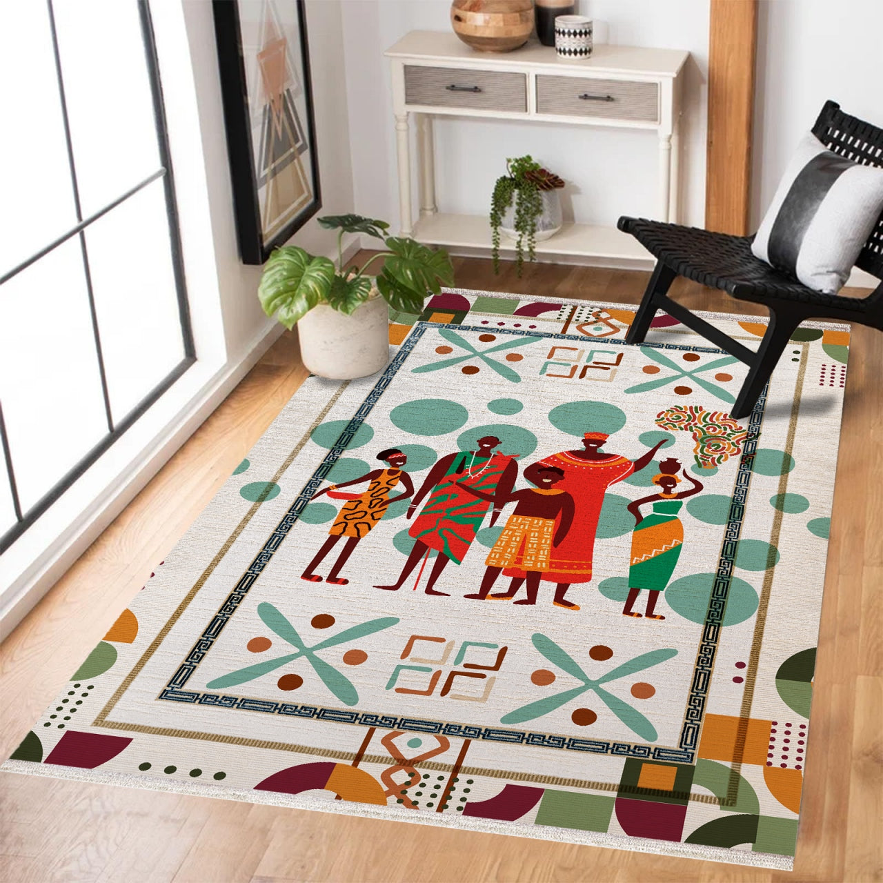 Geometrik Desenli Aile Temalı Kaymaz Tabanlı Yıkanabilir Halı