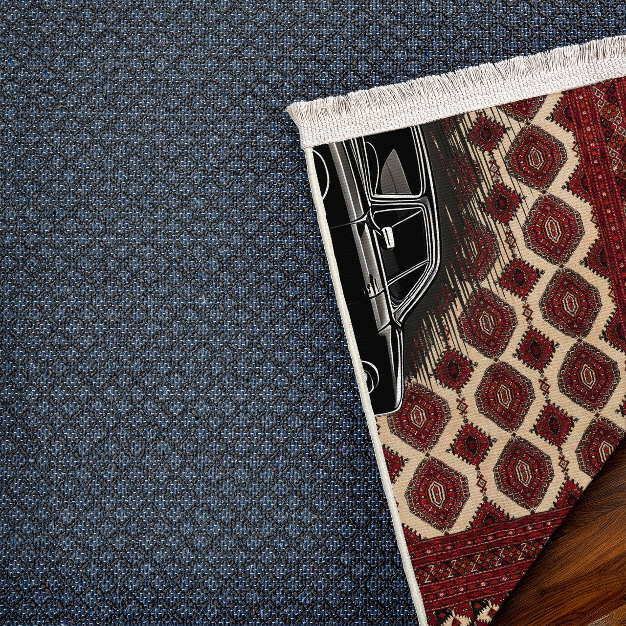 Bordo Retro Klasik Araba Desenli Halı