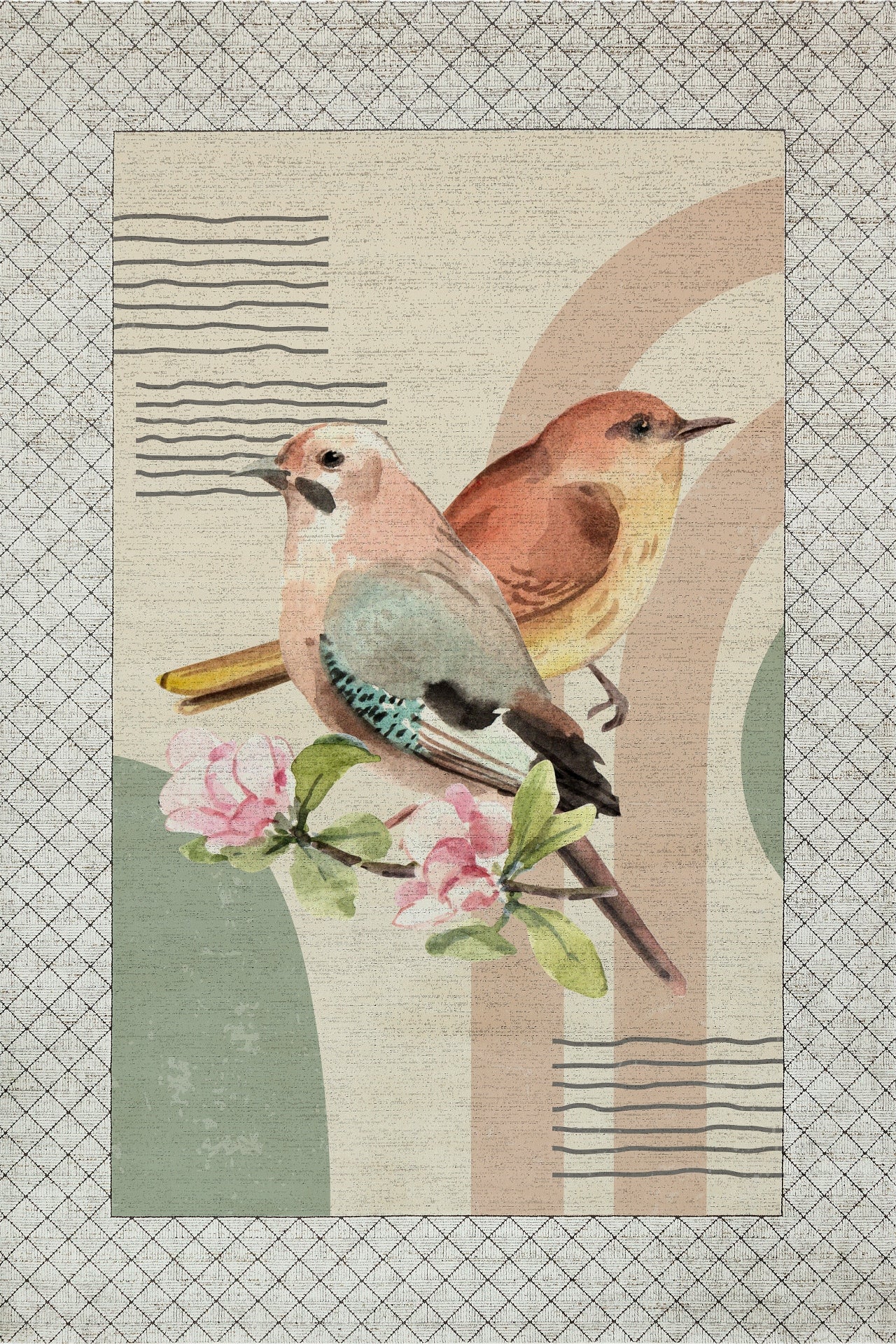 Bülbül ve Çiçek Temalı Kaymaz Tabanlı Yıkanabilir Halı