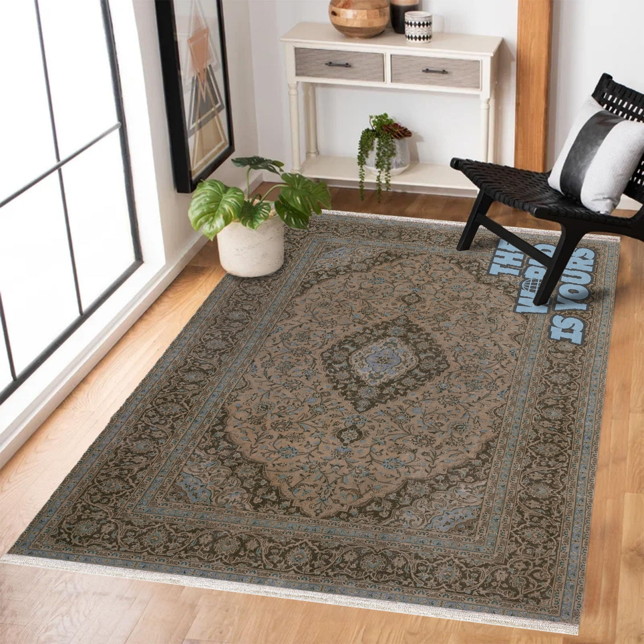 Etnik Slogan Kaymaz Tabanlı Yıkanabilir Halı