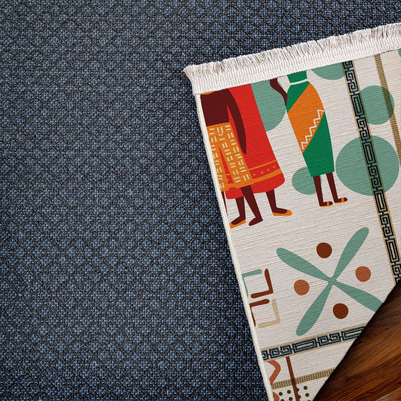 Geometrik Desenli Aile Temalı Kaymaz Tabanlı Yıkanabilir Halı