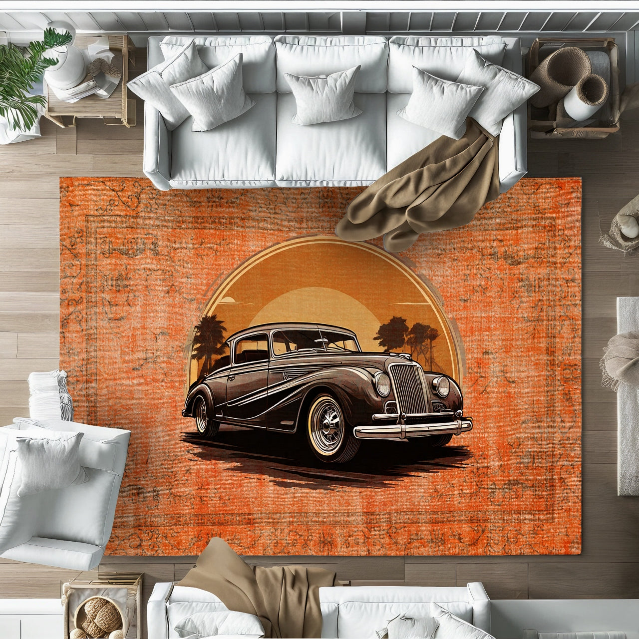 Turuncu Vintage Klasik Araba Desenli Halı