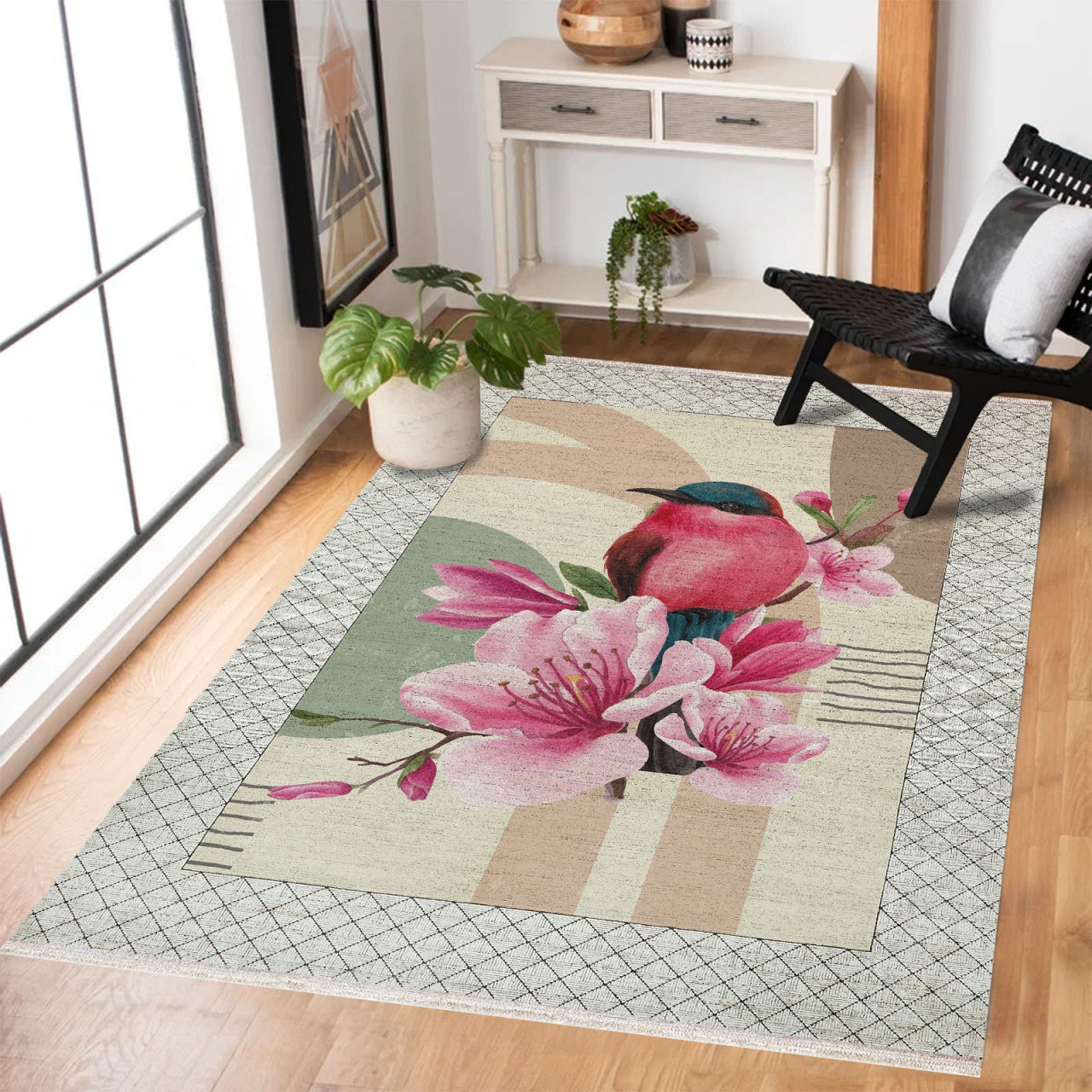 Pembe Bülbül Desenli Kaymaz Tabanlı Yıkanabilir Halı