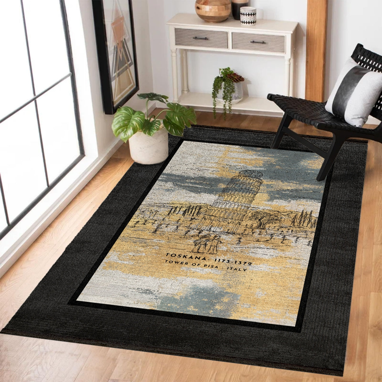 Italy-Toskana Pisa Kulesi Temalı Kaymaz Tabanlı Yıkanabilir Halı