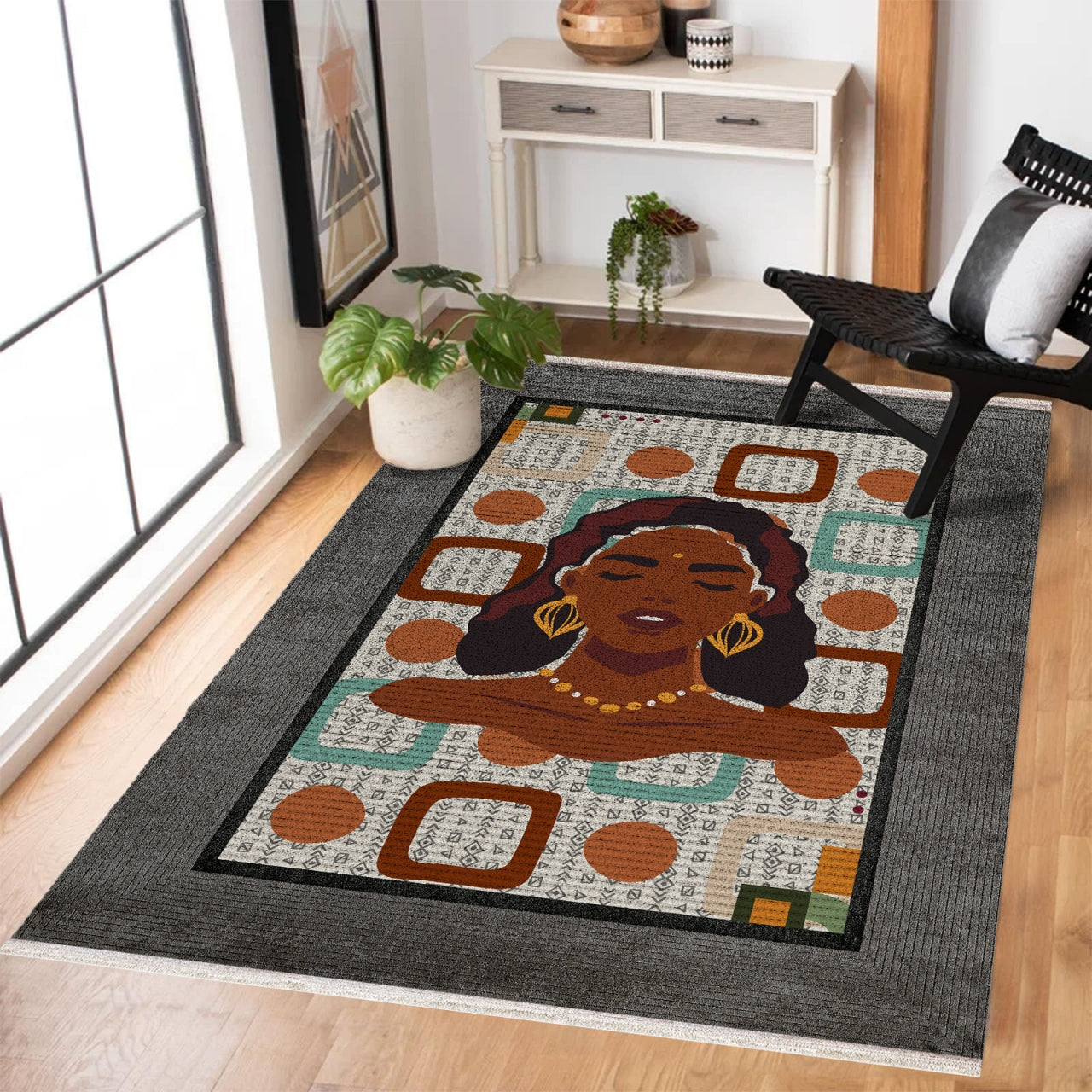 Geometrik Kadın Desenli Kaymaz Tabanlı Yıkanabilir Halı