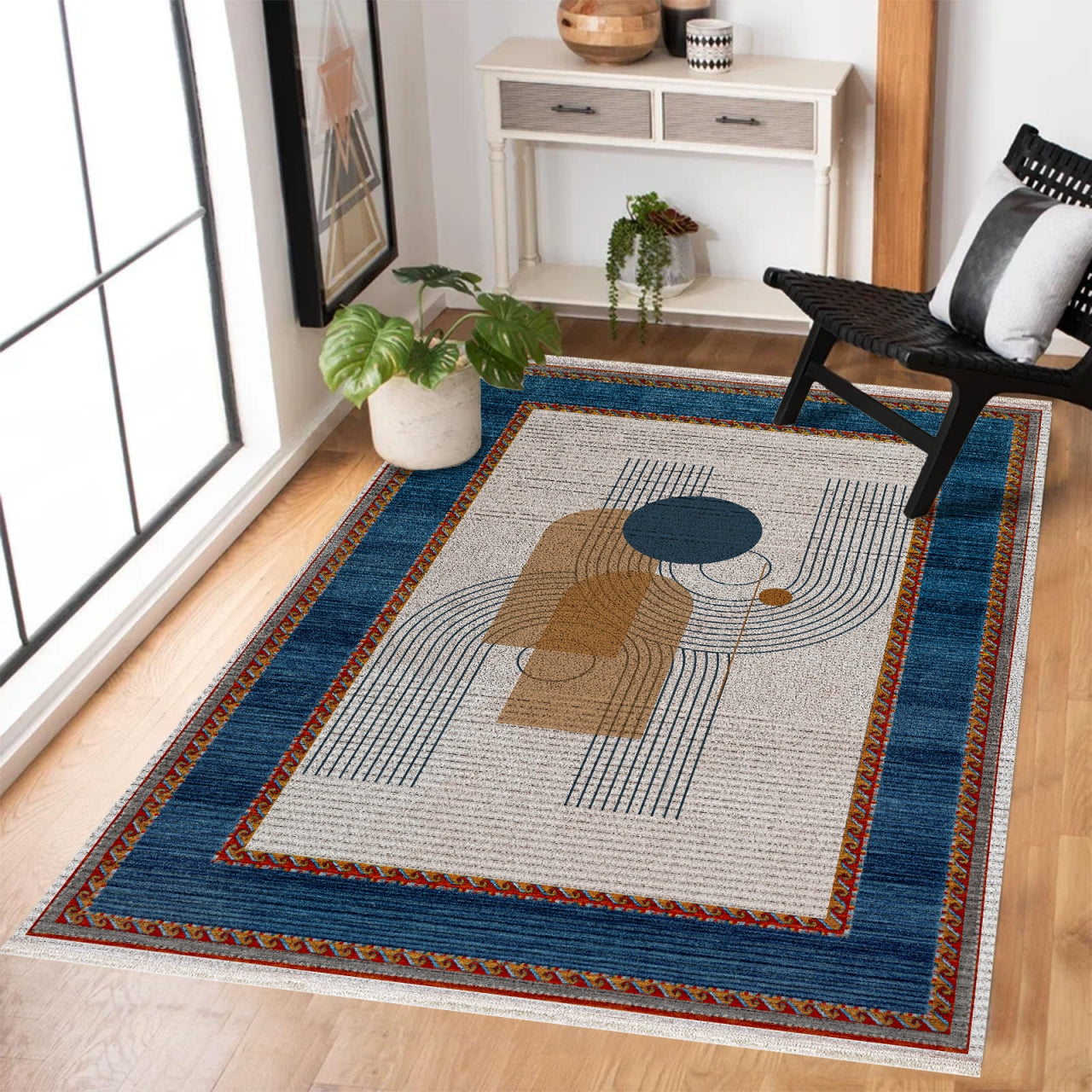 Mavi Çerçeveli Geometrik Desenli Kaymaz Tabanlı Yıkanabilir Halı