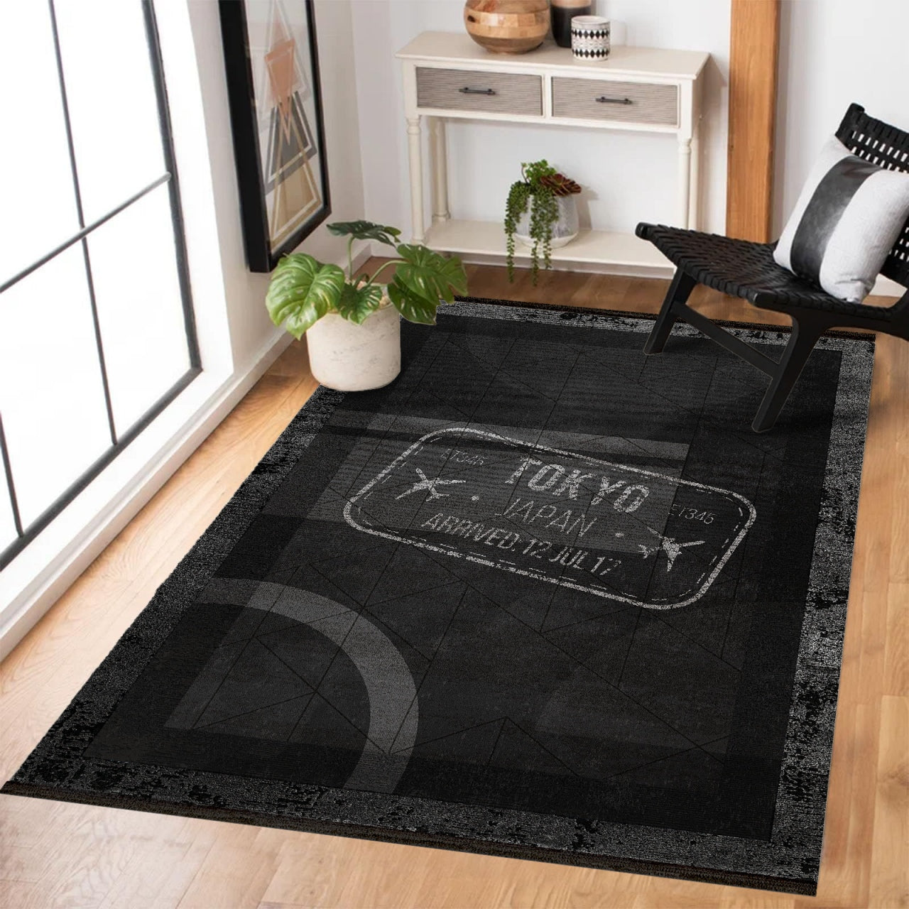 Siyah Tokyo Temalı Kaymaz Tabanlı Yıkanabilir Halı