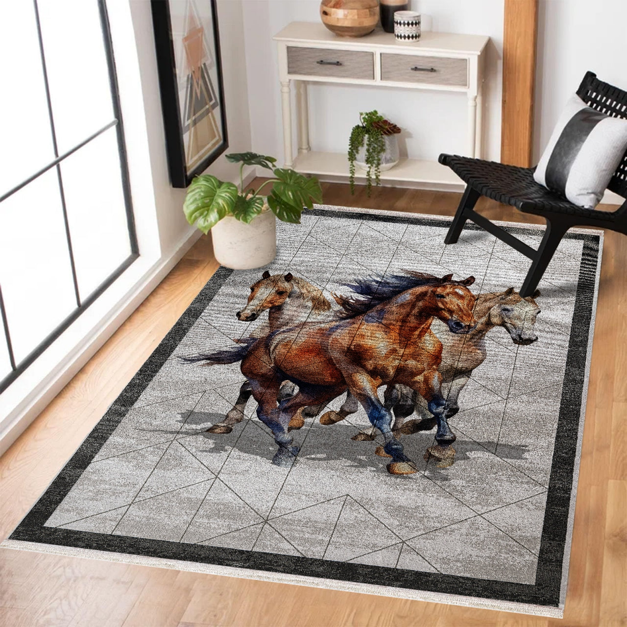 Koşan Atlar Kaymaz Tabanlı Yıkanabilir Halı