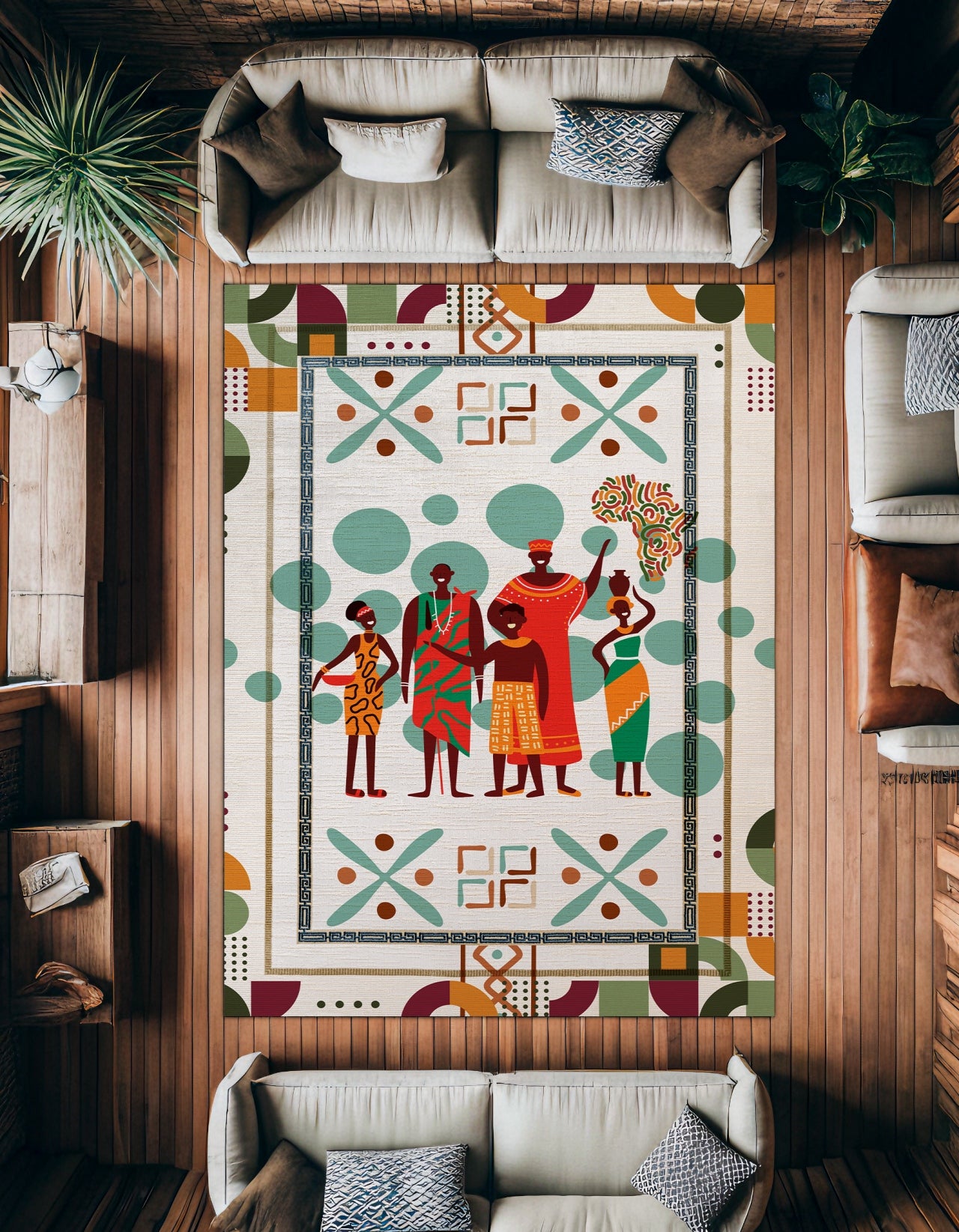 Geometrik Desenli Aile Temalı Kaymaz Tabanlı Yıkanabilir Halı