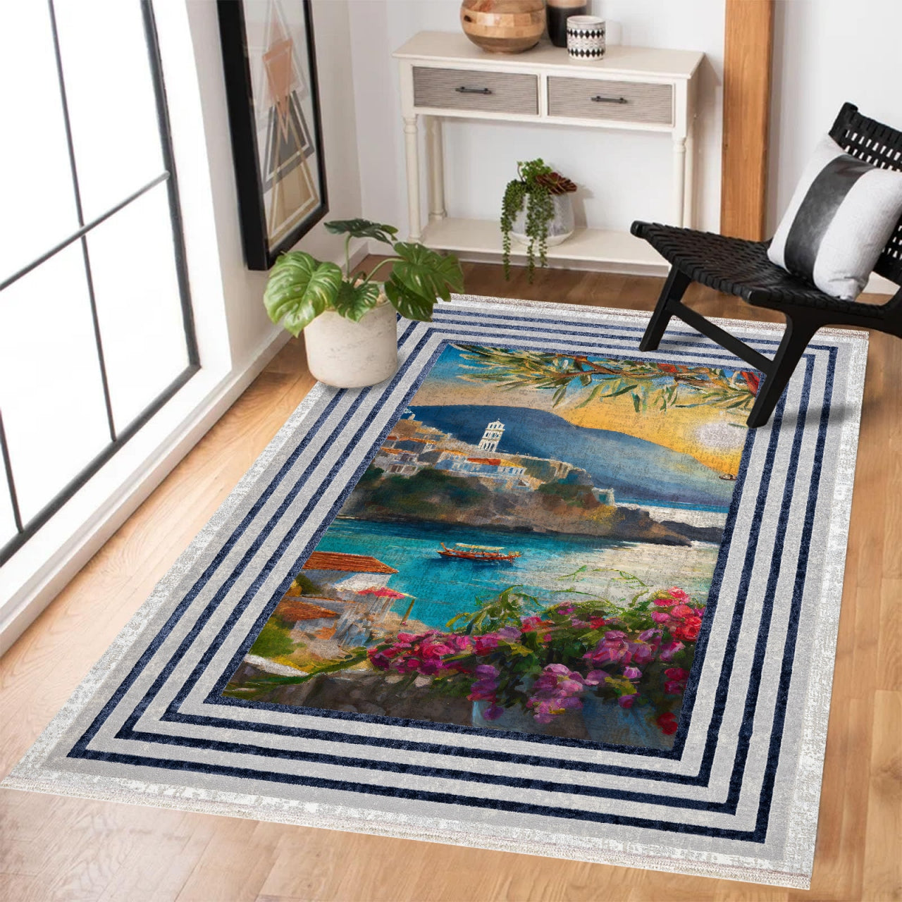 Yunanistan Manzaralı Kaymaz Tabanlı Yıkanabilir Halı