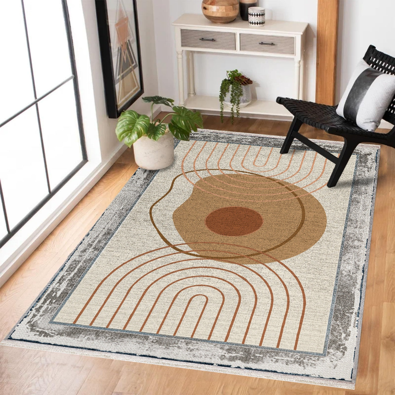 Eskitme Detaylı Kaymaz Tabanlı Yıkanabilir Halı