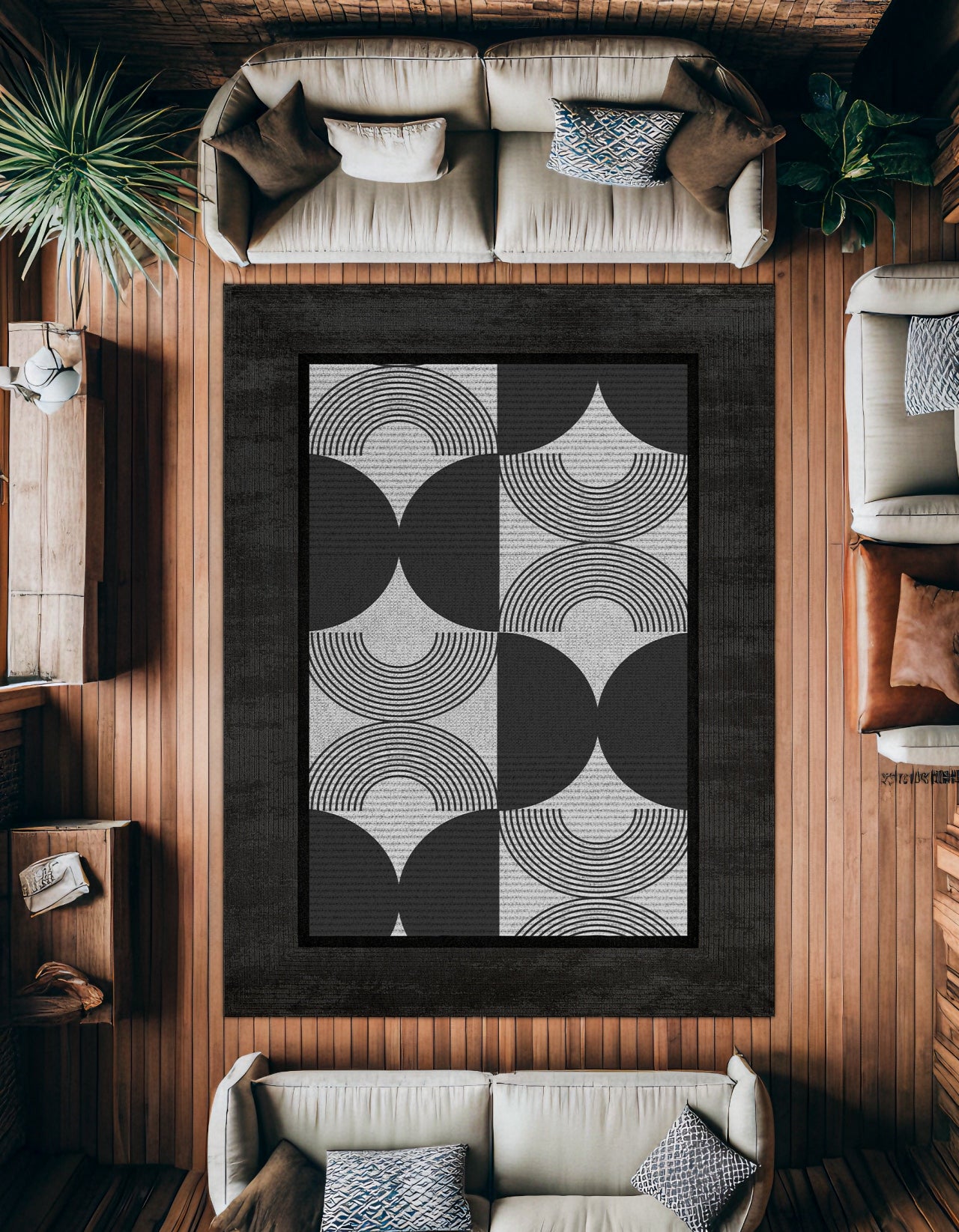 Siyah Geometrik Kaymaz Tabanlı Yıkanabilir Halı