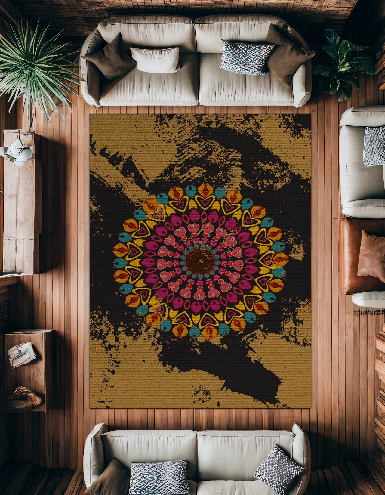 Etnik Mandala Desenli Kaymaz Tabanlı Yıkanabilir Halı