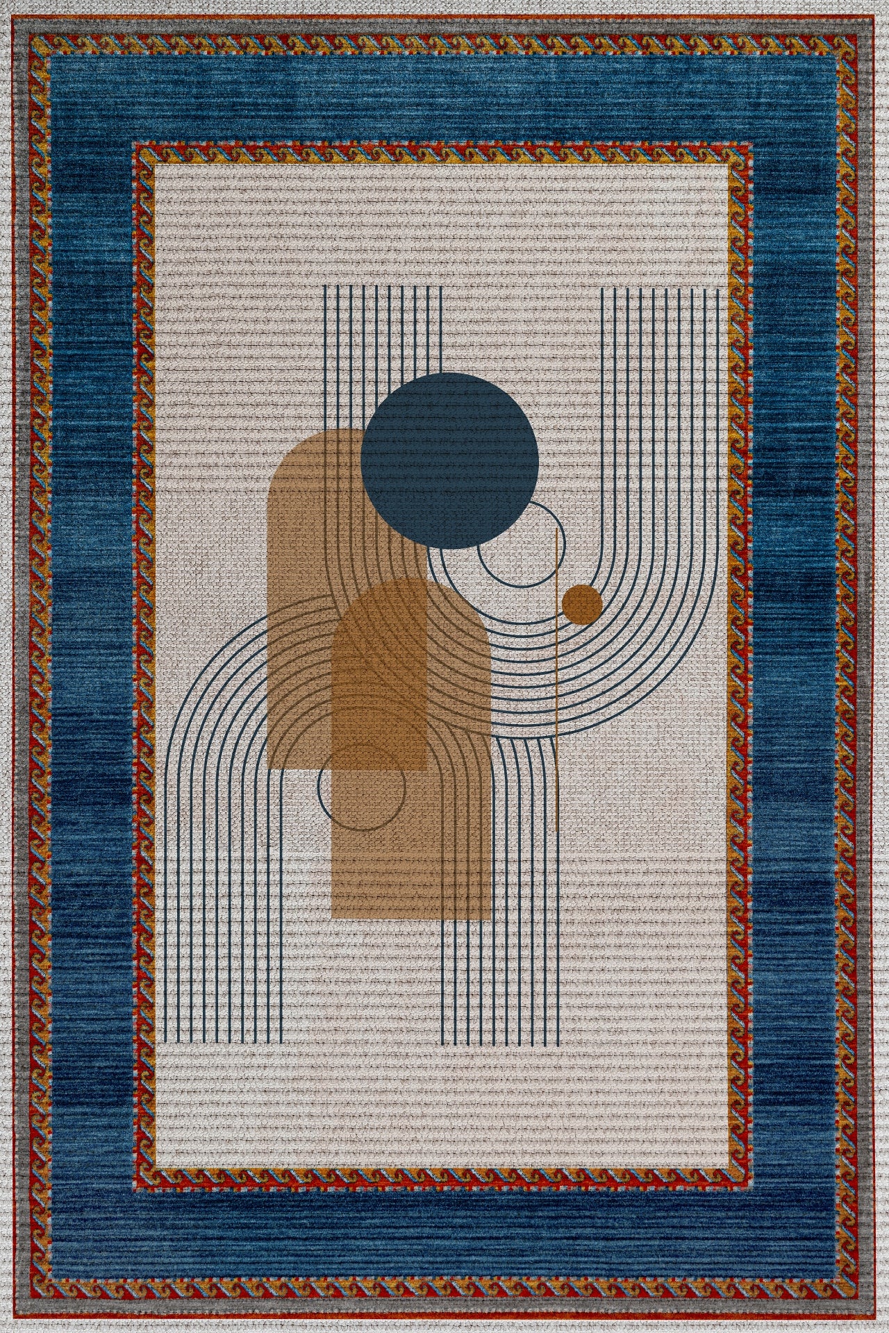 Mavi Çerçeveli Geometrik Desenli Kaymaz Tabanlı Yıkanabilir Halı