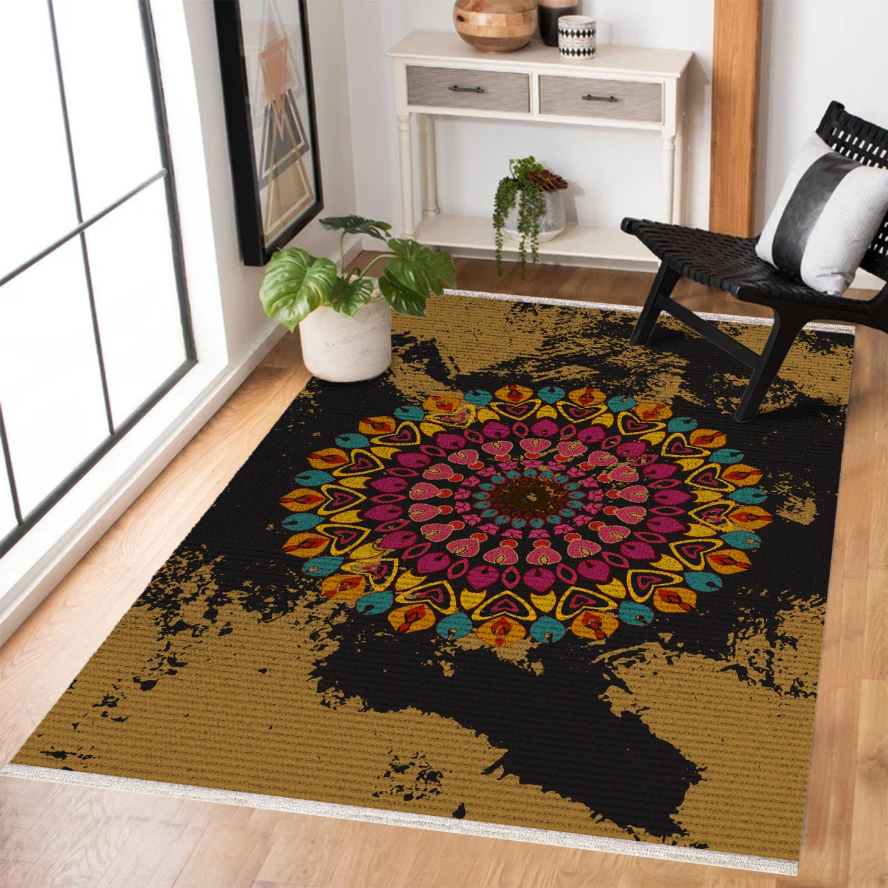 Etnik Mandala Desenli Kaymaz Tabanlı Yıkanabilir Halı