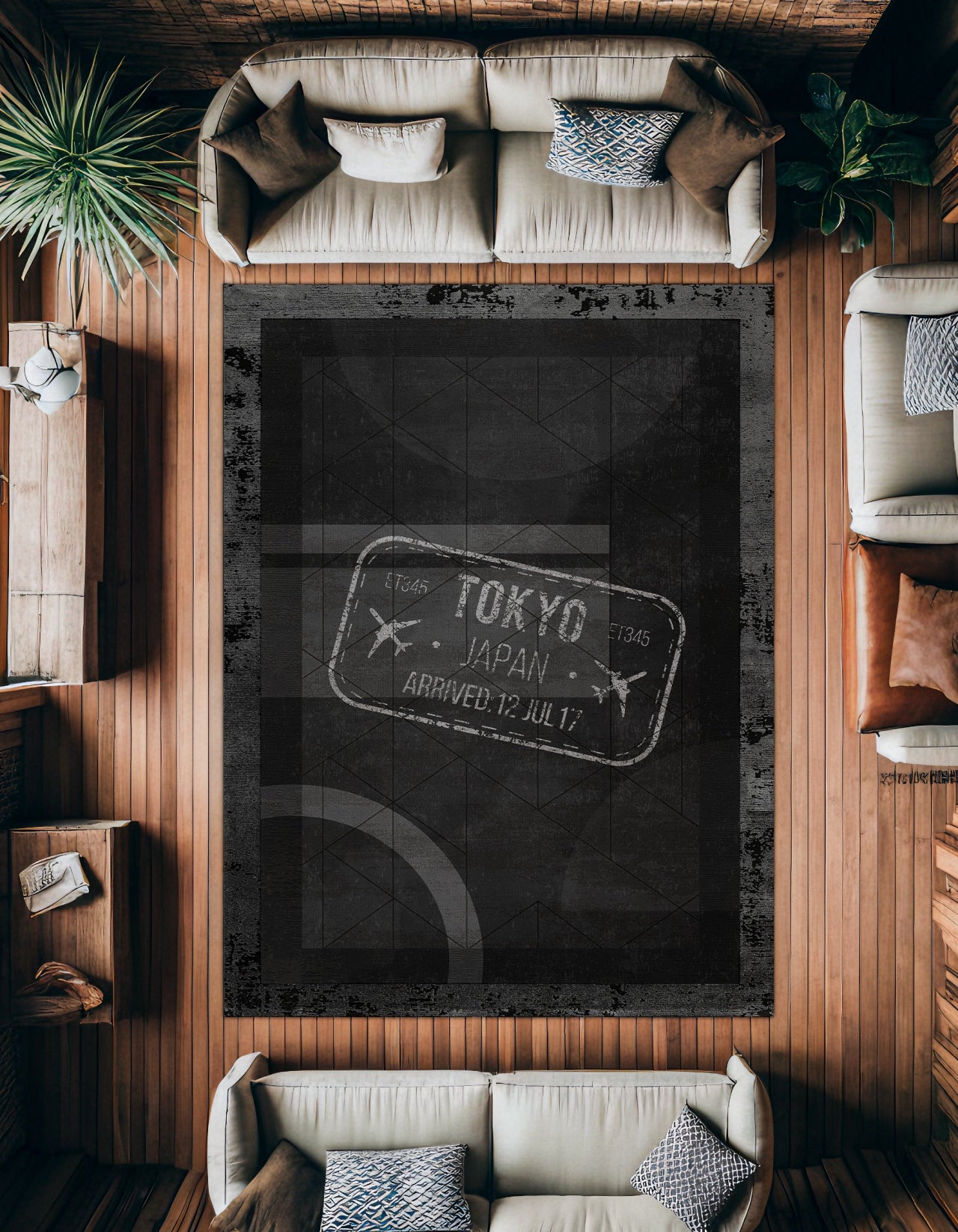 Siyah Tokyo Temalı Kaymaz Tabanlı Yıkanabilir Halı