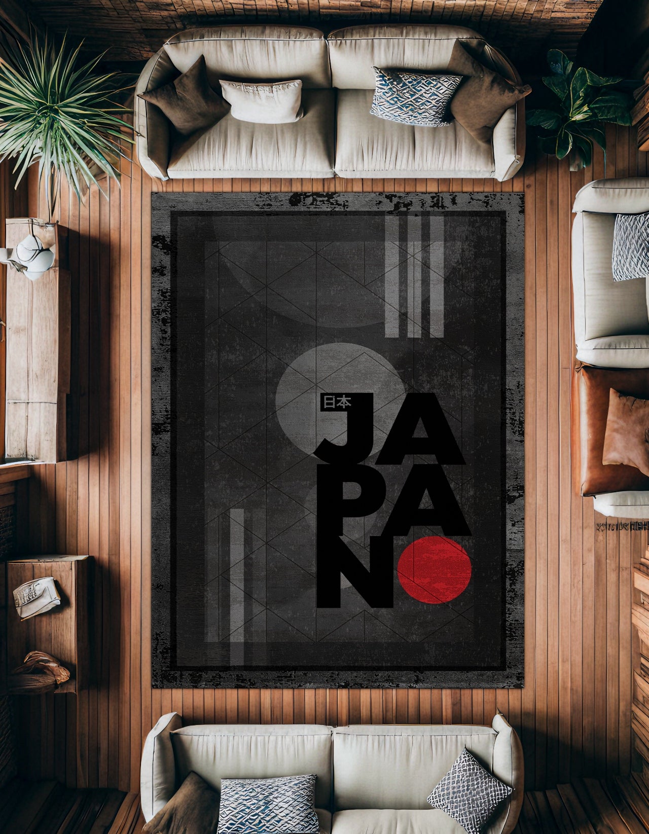 Japonya Temalı Kaymaz Tabanlı Yıkanabilir Halı