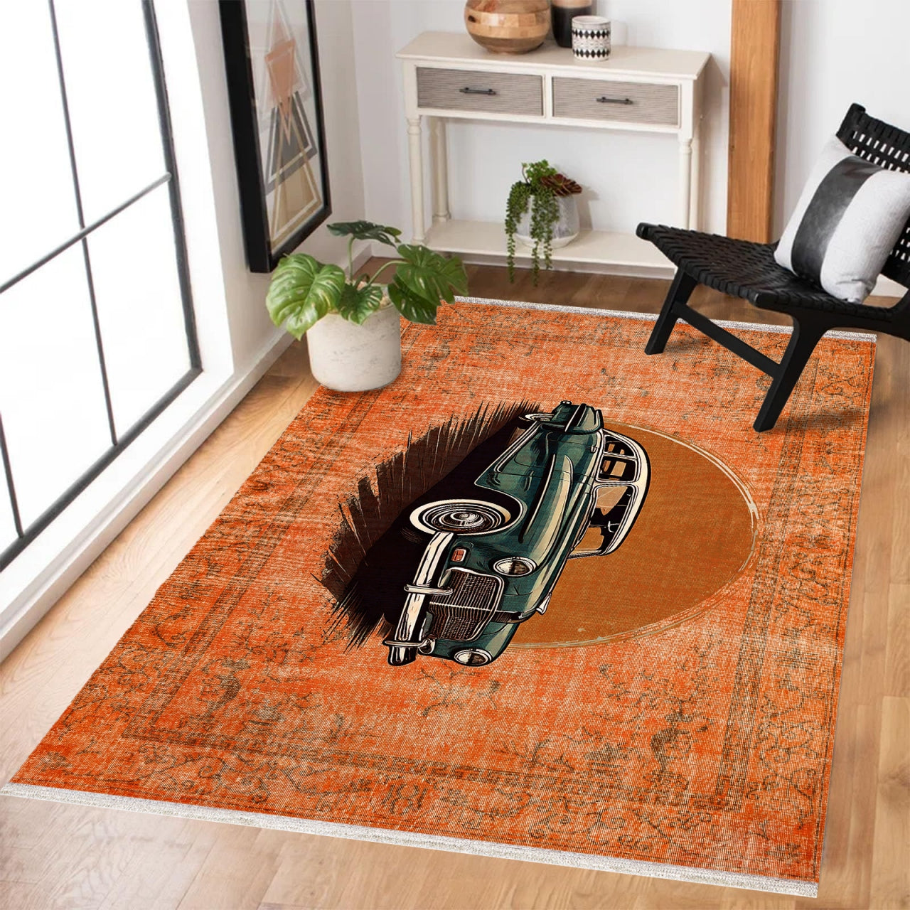 Turuncu Retro Klasik Araba Desenli Halı