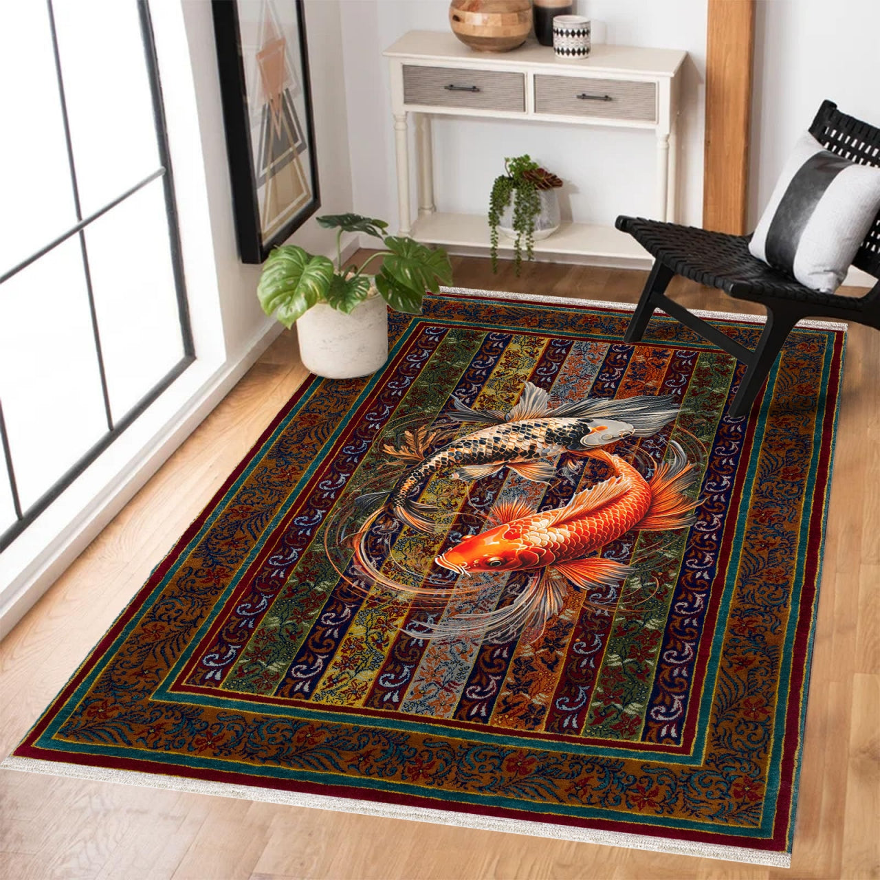 Koi Balığı Desenli Kaymaz Tabanlı Yıkanabilir Halı