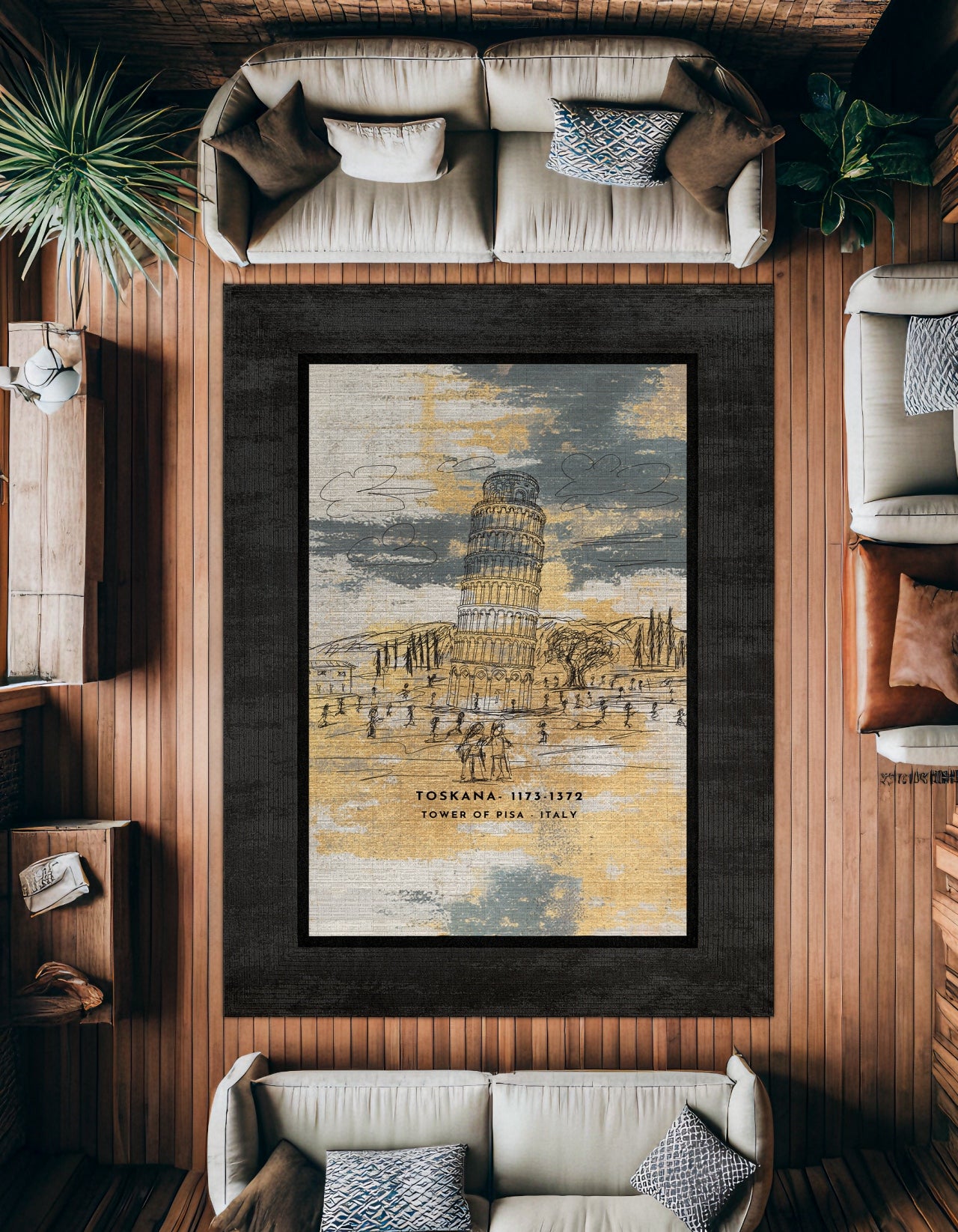 Italy-Toskana Pisa Kulesi Temalı Kaymaz Tabanlı Yıkanabilir Halı