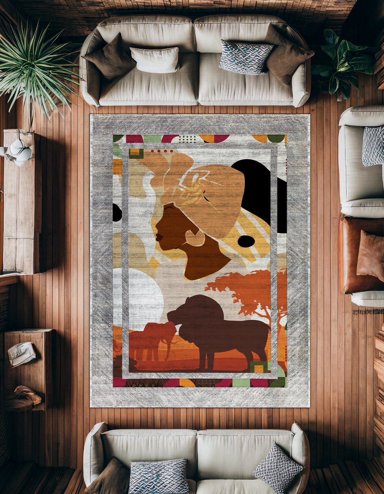 Safari Temalı Kaymaz Tabanlı Yıkanabilir Halı