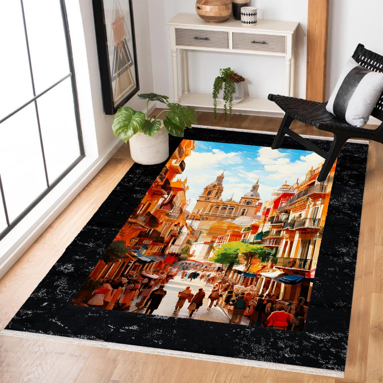 İspanya Sokakları Kaymaz Tabanlı Yıkanabilir Halı