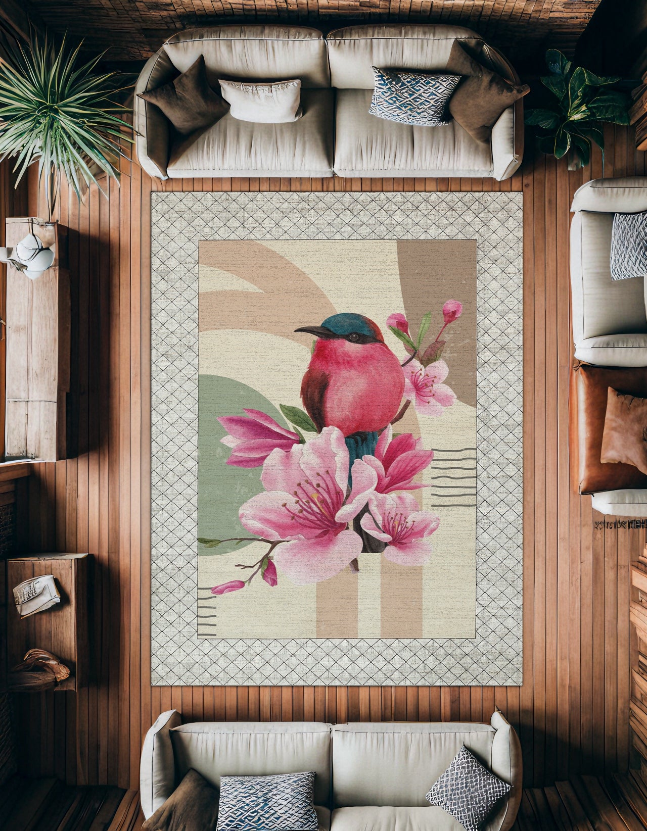 Pembe Bülbül Desenli Kaymaz Tabanlı Yıkanabilir Halı