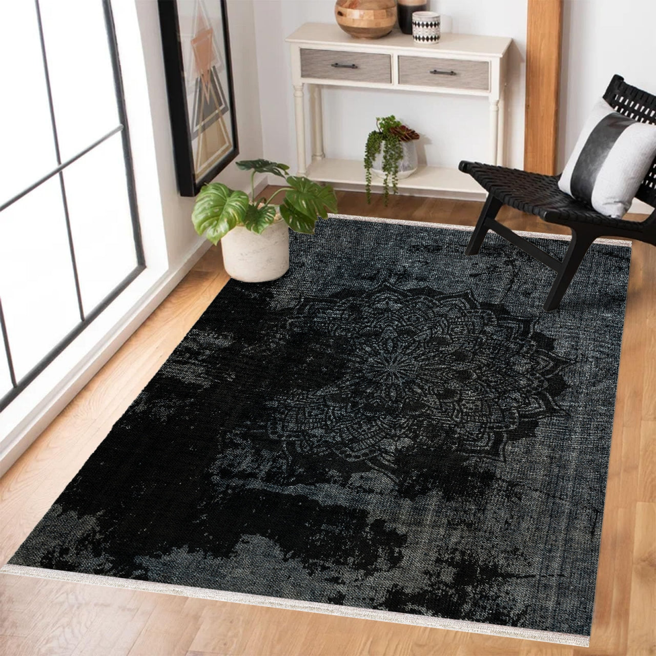 Mandala Desenli Kaymaz Tabanlı Yıkanabilir Halı