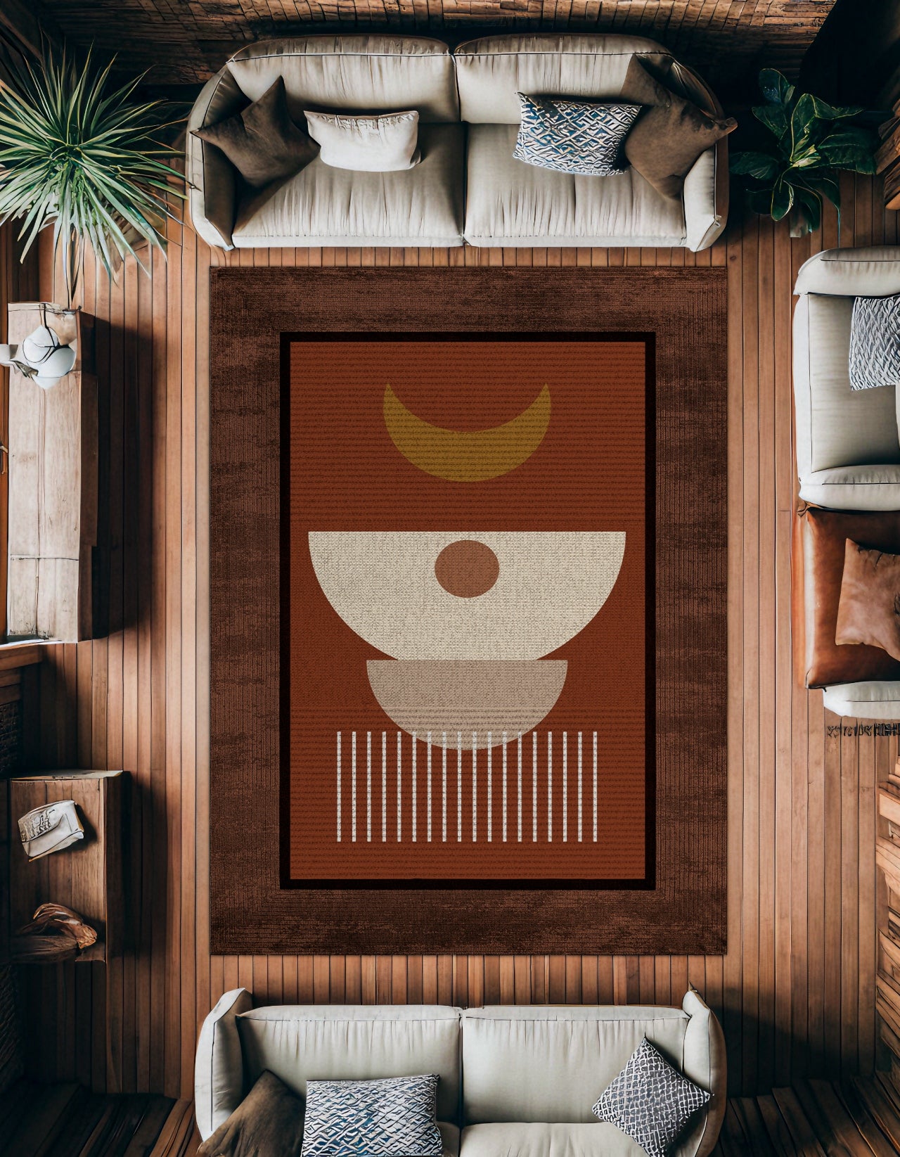 Kahverengi Geometrik Desenli Kaymaz Tabanlı Yıkanabilir Halı