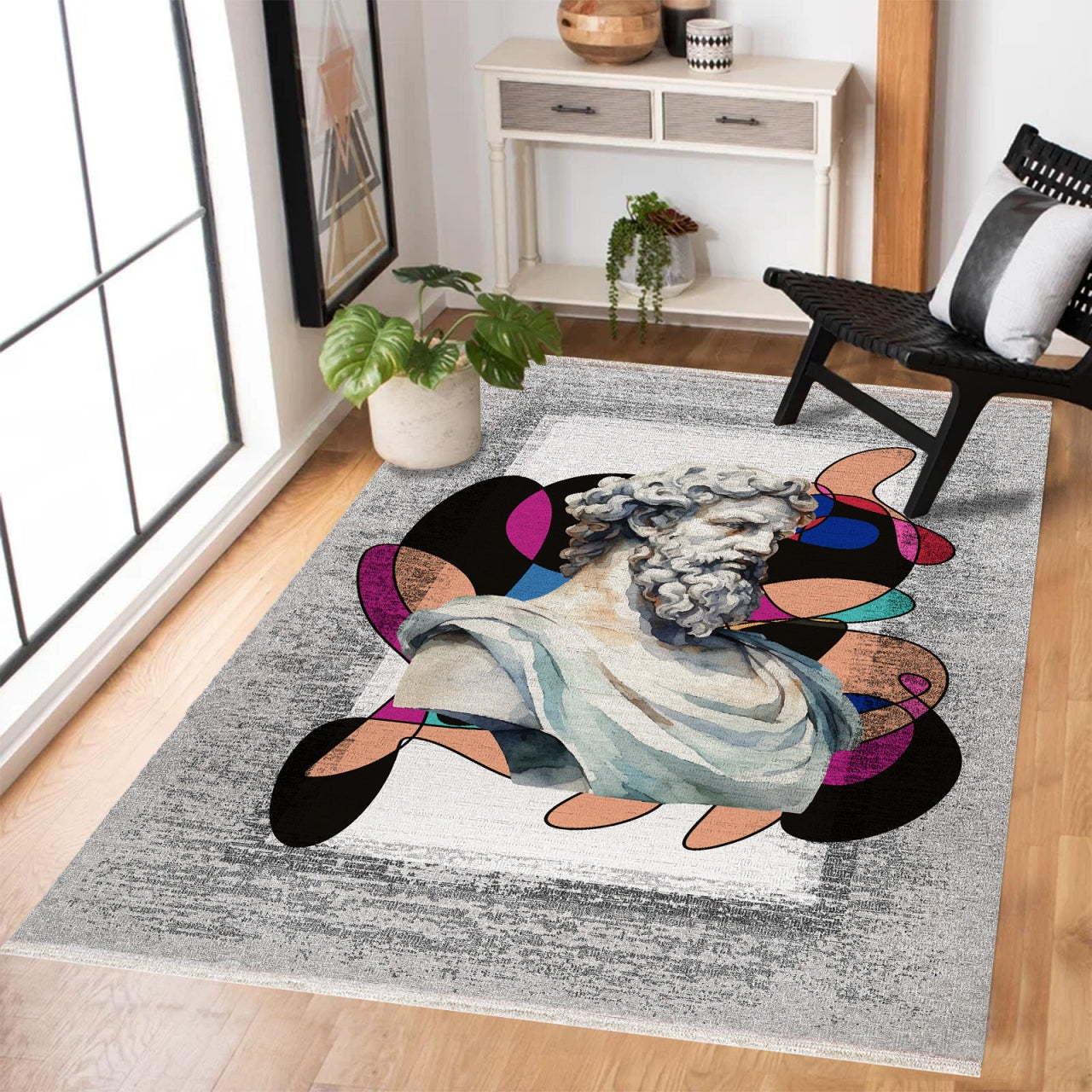 Renkli Heykel Desenli Kaymaz Tabanlı Yıkanabilir Halı