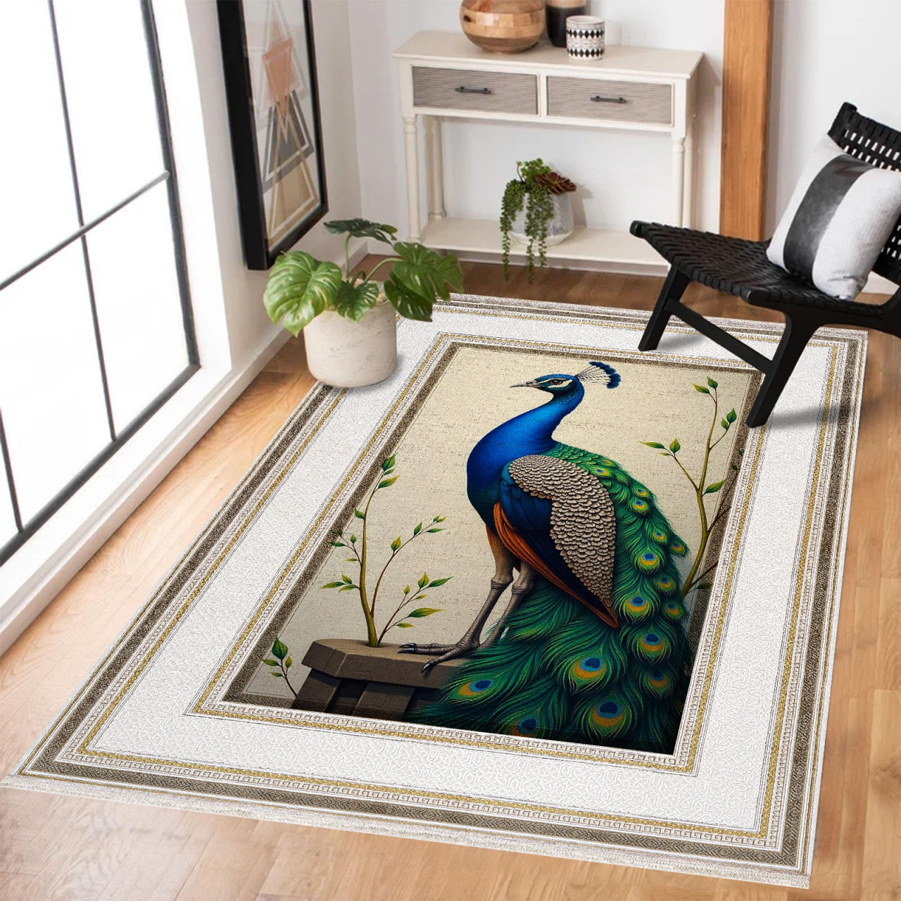 TAVUS KUŞU Desenli Kaymaz Tabanlı Yıkanabilir Halı