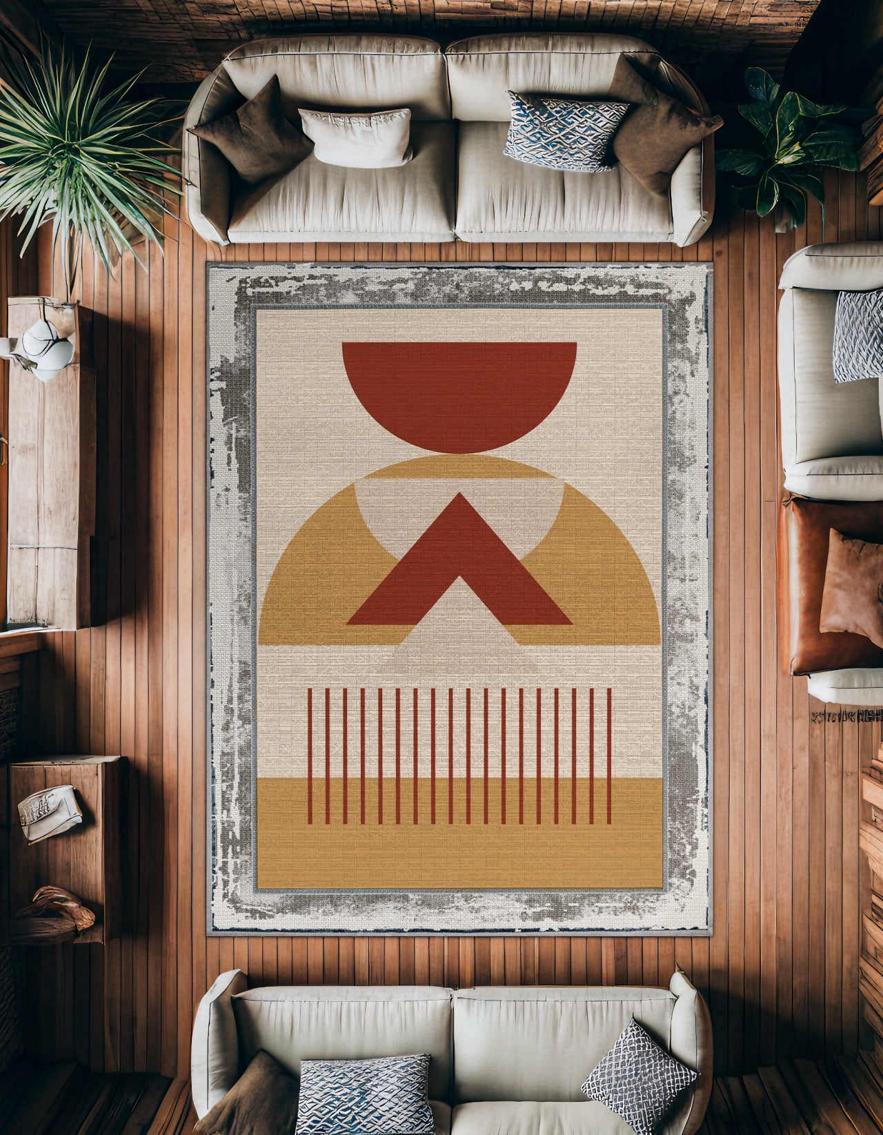 Gri Çerçeveli Geometrik Kaymaz Tabanlı Yıkanabilir Halı