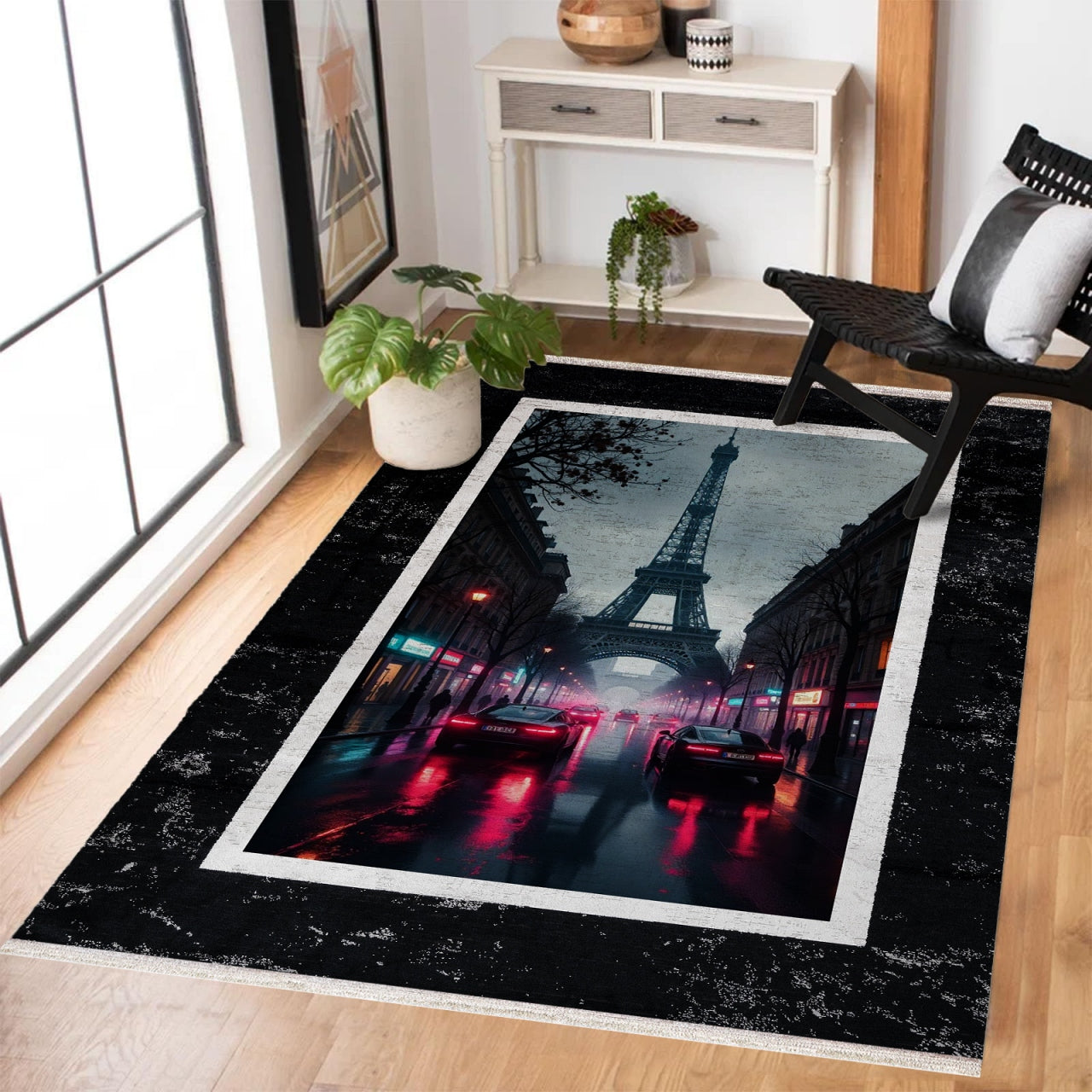 Eyfel Kulesi Trafik Detaylı Kaymaz Tabanlı Yıkanabilir Halı