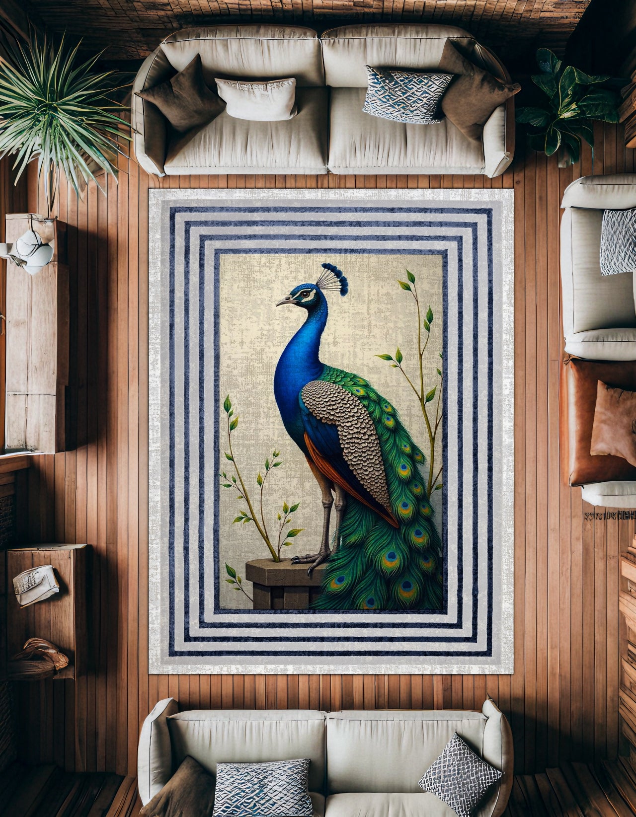 Tavus Kuşu Desenli Kaymaz Tabanlı Yıkanabilir Halı