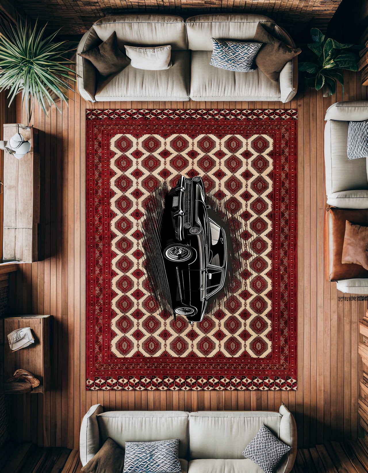 Bordo Retro Klasik Araba Desenli Halı