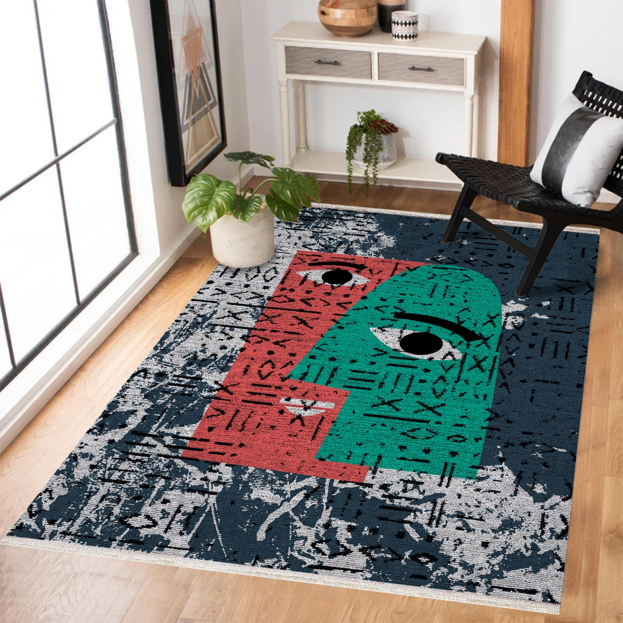 Soyut Desenli Kaymaz Tabanlı Yıkanabilir Halı